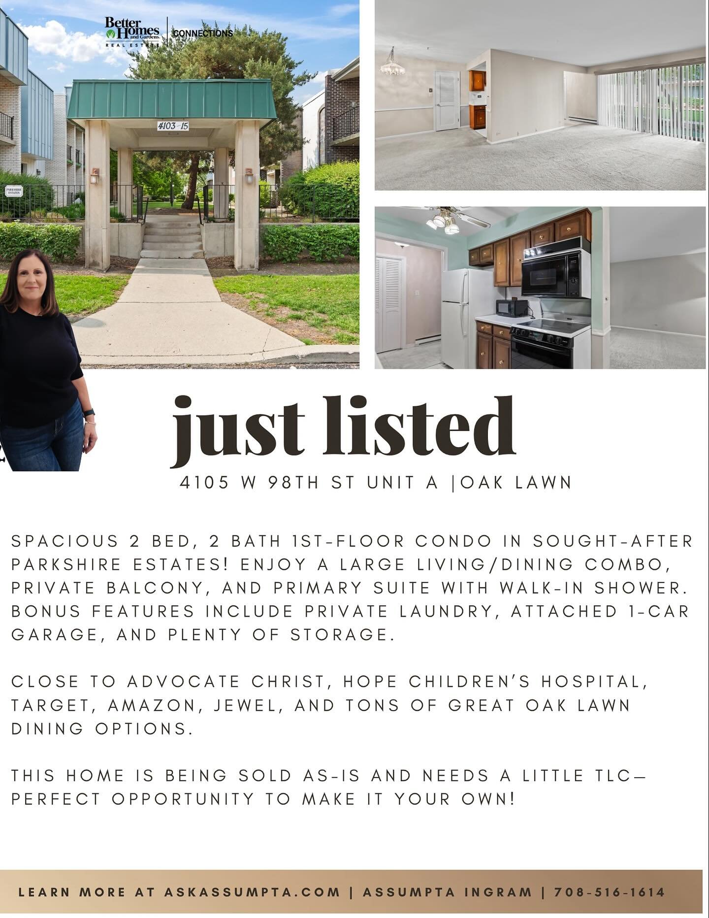✨ JUST LISTED ✨

📍 4105 W 95th Street, Unit A | Oak Lawn, IL

Spacious 2 bed, 2 bath 1st-floor condo in sought-after Parkshire Estates! Enjoy a large living/dining combo, private balcony, and primary suite with walk-in shower. Bonus features include