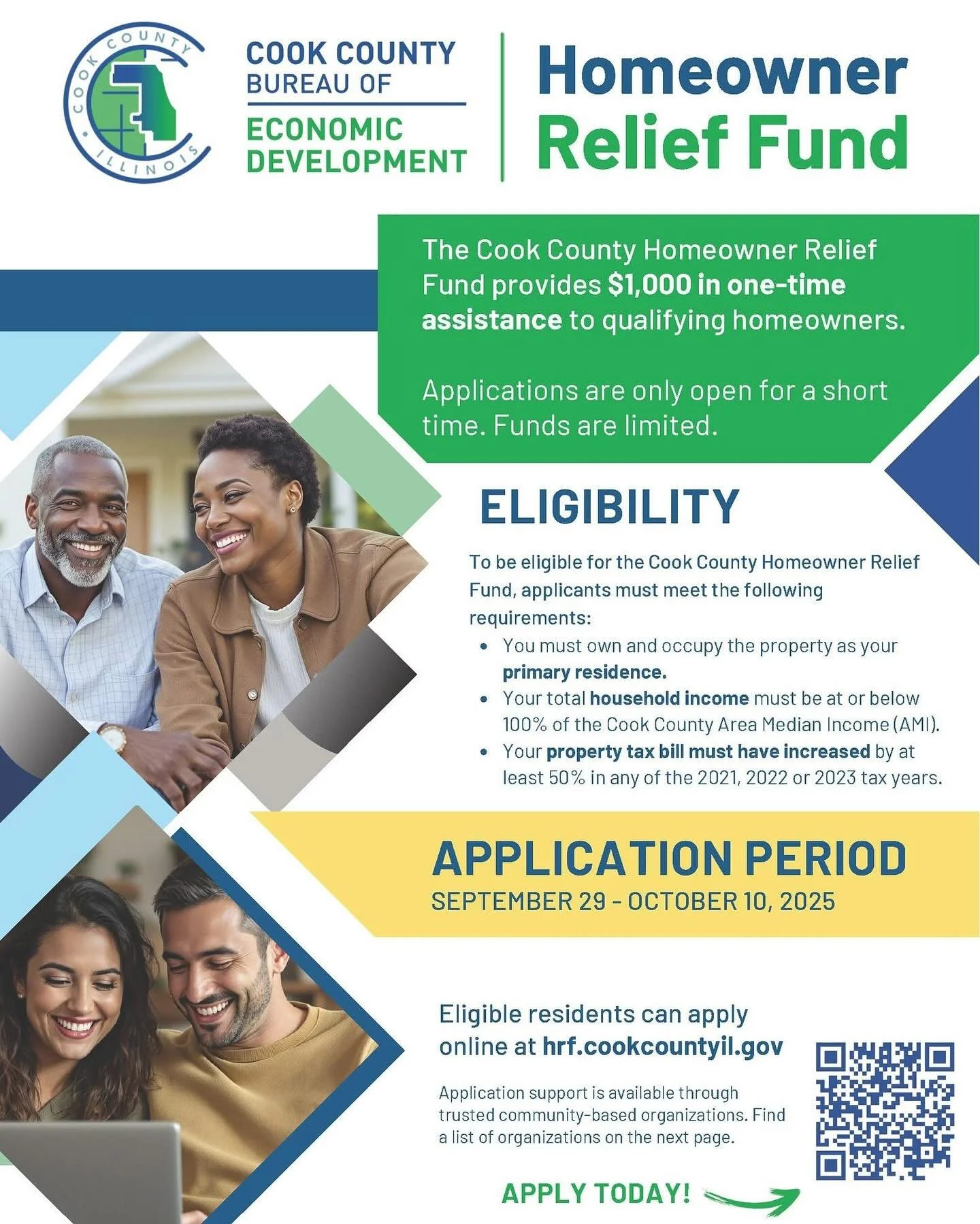 If you are a Cook County homeowner who has experienced substantial property tax increases in recent years, you may qualify for $1,000 in one-time assistance. 

Eligibility requirements include: 
🏠 You must own and occupy the property as your primary