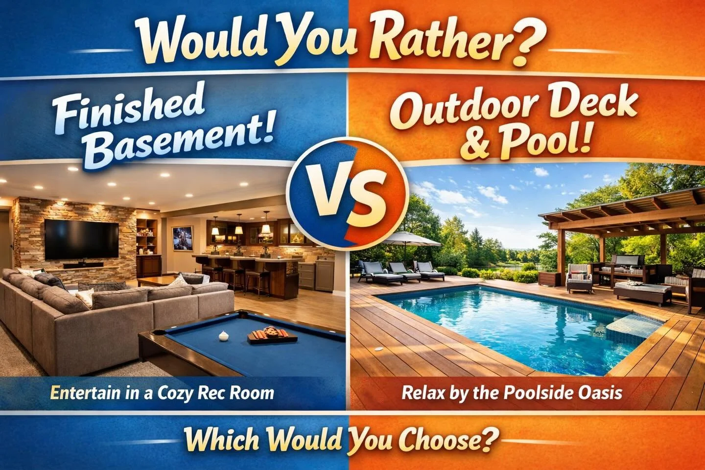 Would you rather&hellip;

🛋️ A cozy, fully finished basement for movie nights and game days
OR
☀️ An outdoor deck with a pool for summer entertaining?

Drop your vote in the comments 👇 Basement or Pool?