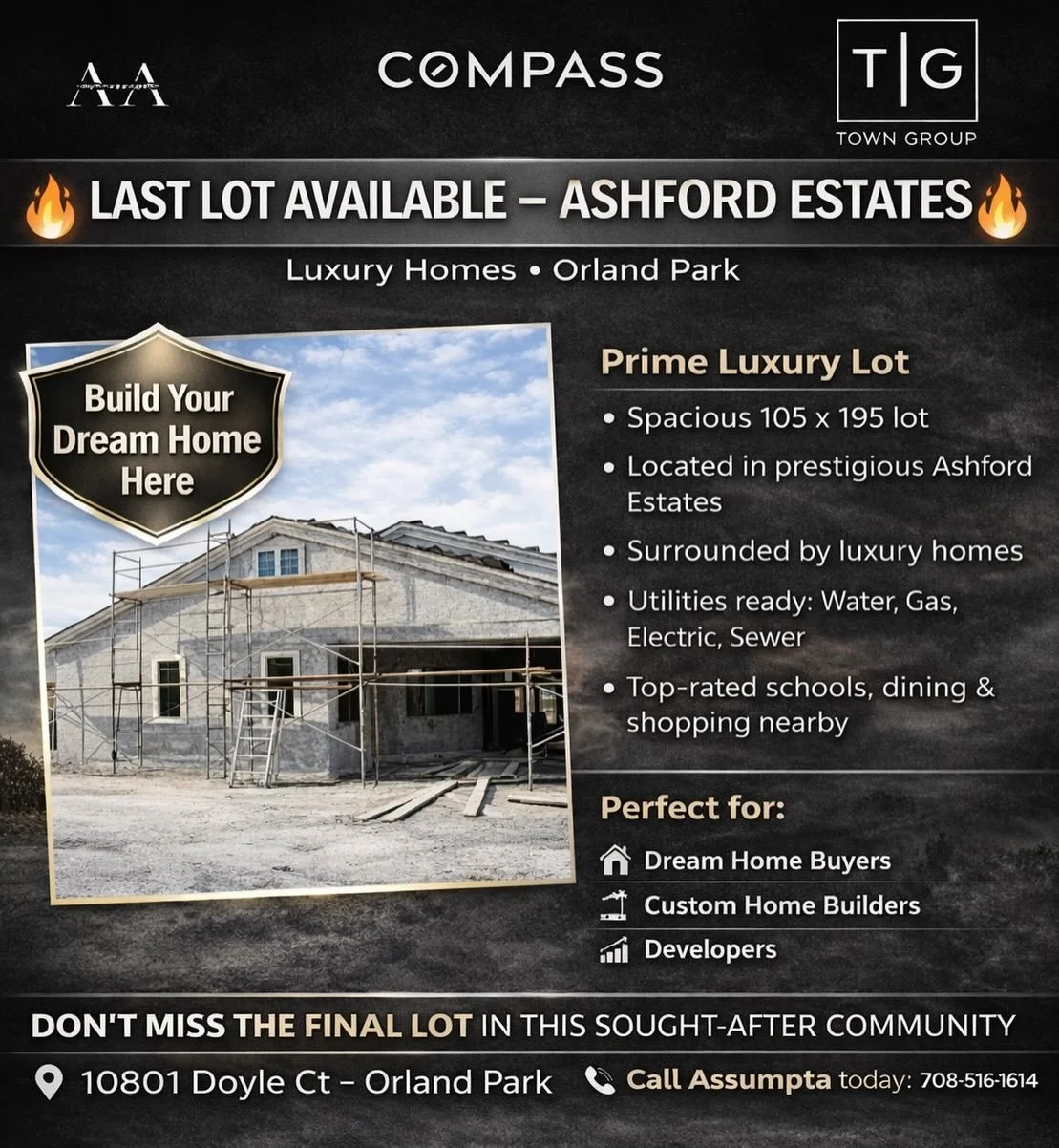 LAST LOT AVAILABLE IN ASHFORD ESTATES 

Build your dream home in one of Orland Park&rsquo;s most desirable luxury communities.

This spacious 105 &times; 195 homesite is surrounded by beautiful custom homes and offers the perfect opportunity to creat