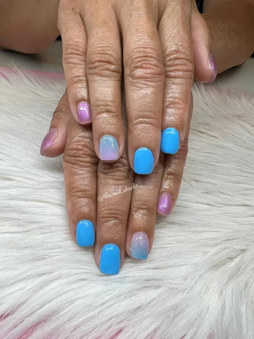 Pink, purple and blue manicure by The Nail Shack in Mooresville, Indiana.