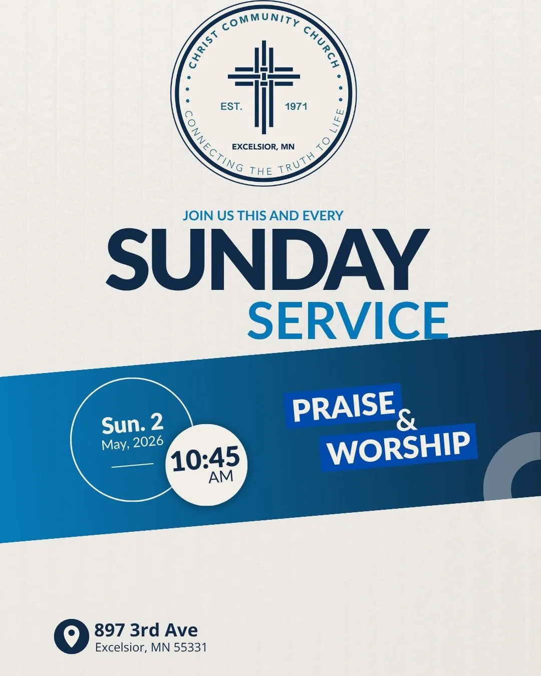 Join us this Sunday for service at 10:45am at Christ Community Church 📍 897 3rd Ave, Excelsior, MN 55331. All are welcome! 

#churchservice #allarewelcome #TheWordOfGod #YouAreInvited #FaithAndFellowship #thewordofgod #followus #socialmediachurch