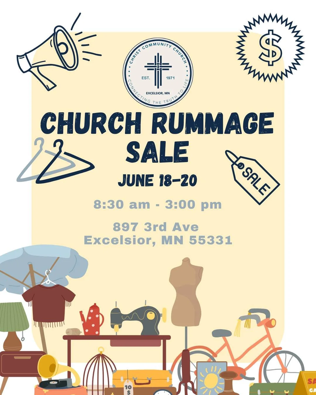 Christ Community Church is having a rummage sale 🎉
📆June 18-20
⏰8:30 am - 3:00 pm.
Save your good items that you don&rsquo;t need anymore (no electronics, please). You may begin dropping off your items!
🌟Volunteers are needed!🌟

#VolunteerOpportu