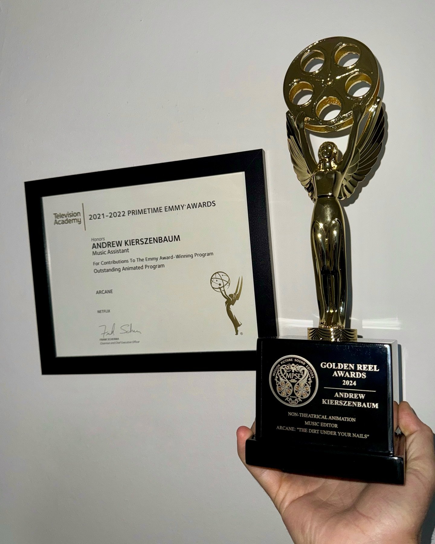 Nameplate came in for my first Golden Reel Award! 🏆 It joins my Emmy Honors Certificate for my music work on the Emmy-winning first season of @arcaneshow. 

***

Check out the music I wrote for the Golden Reel- &amp; multi Annie Award-winning finale