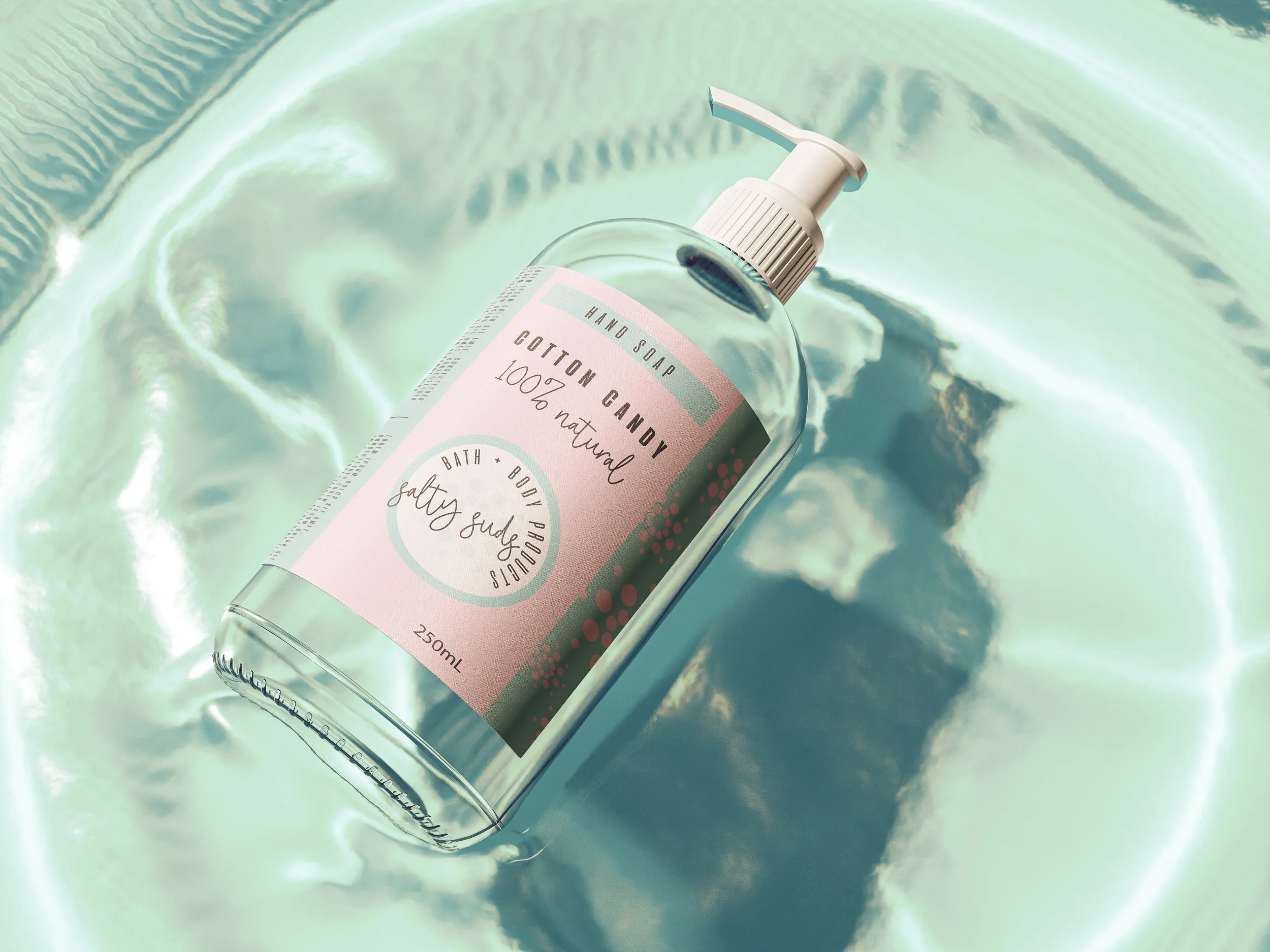 A clear plastic bottle of hand soap labeled 'Cotton Candy' with a white pump, placed on a reflective surface with a pastel-colored background.