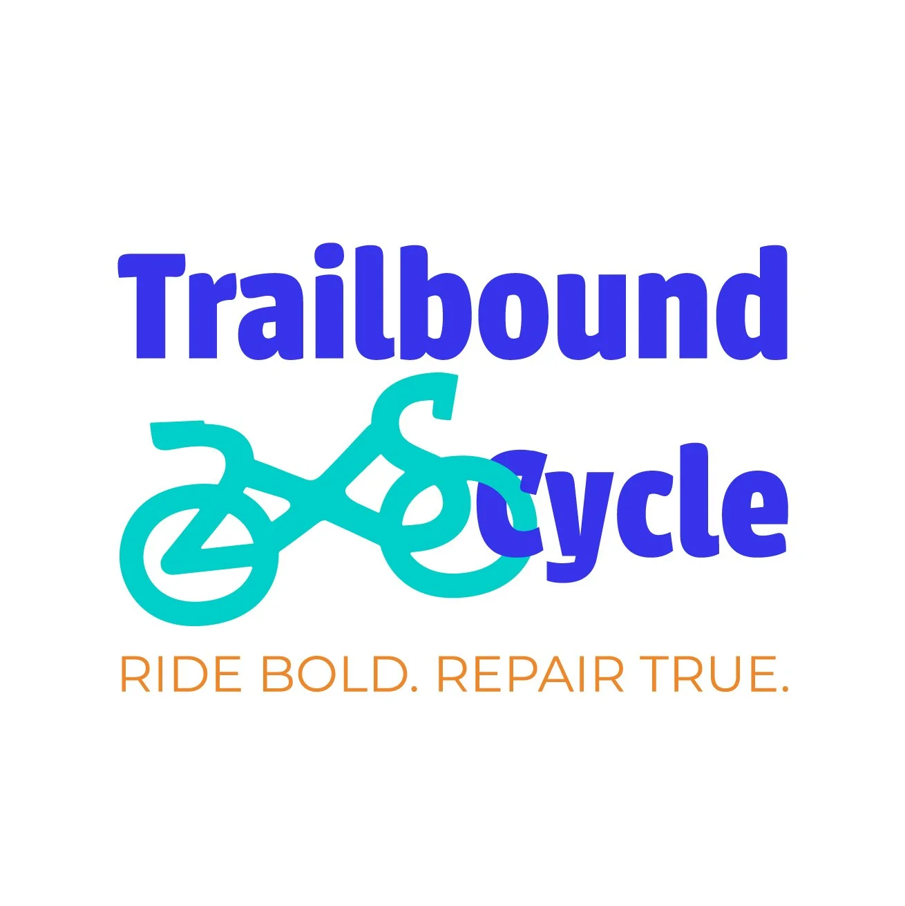 A logo for Trailbound Cycles featuring a stylized blue bicycle illustration and the words 'Trailbound' and 'Cycle' in large blue font. Beneath, the tagline 'Ride Bold. Repair True.' is written in orange.