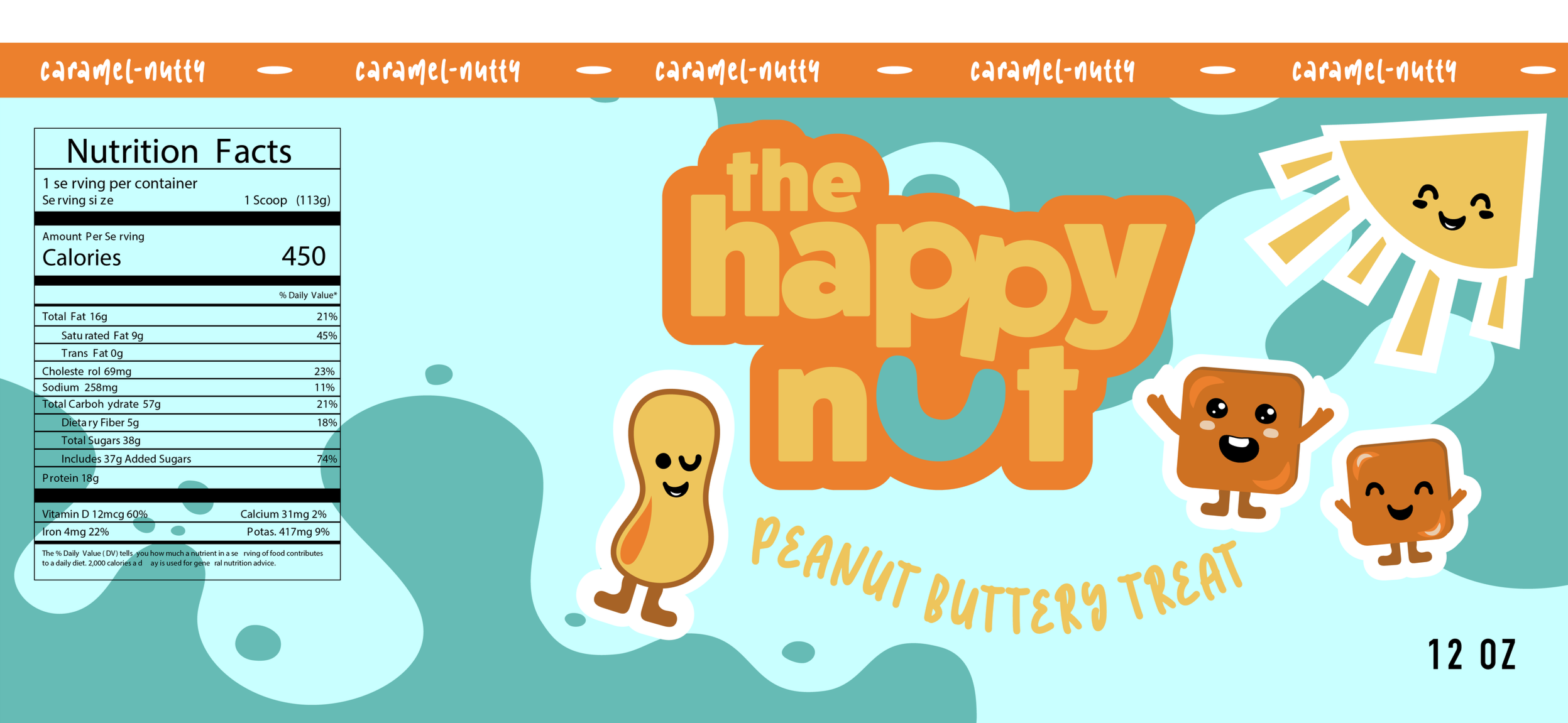 Packaging of a peanut butter treat featuring cartoon characters of a peanut, a square treat with a smiling face, and a sun drawing, with the text 'the happy nut' and 'peanut butter & toast' visible, along with nutrition facts on the left side.