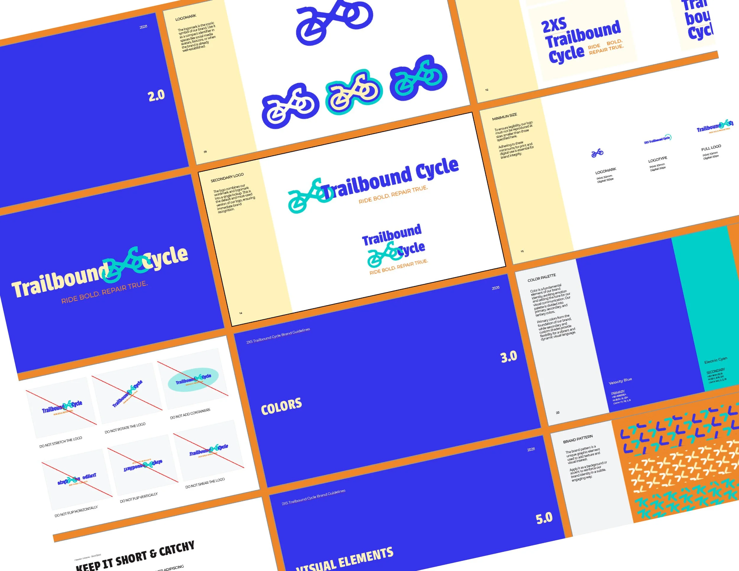 The image displays multiple pages of a brand guidelines document for 'Trailbound Cycle'. It features various sections including logo usage, colors, brand pattern, and visual elements. The pages include text and graphic elements focused on branding and logo design, with a color palette of blue, cyan, orange, and white.