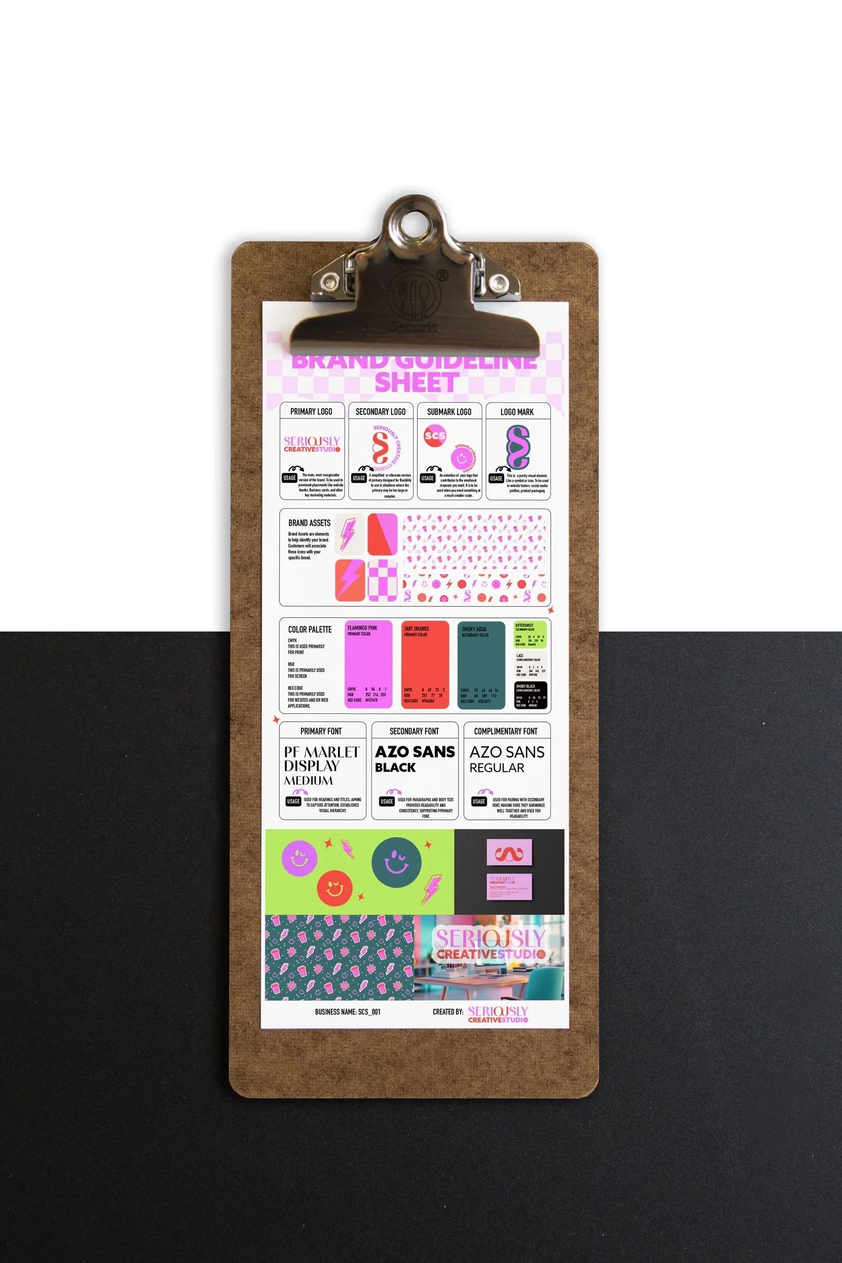 A professional branding guideline sheet attached to a clipboard, displaying logos, color palette, fonts, and design assets for a creative studio named SERIOUSLY CREATIVE STUDIO.