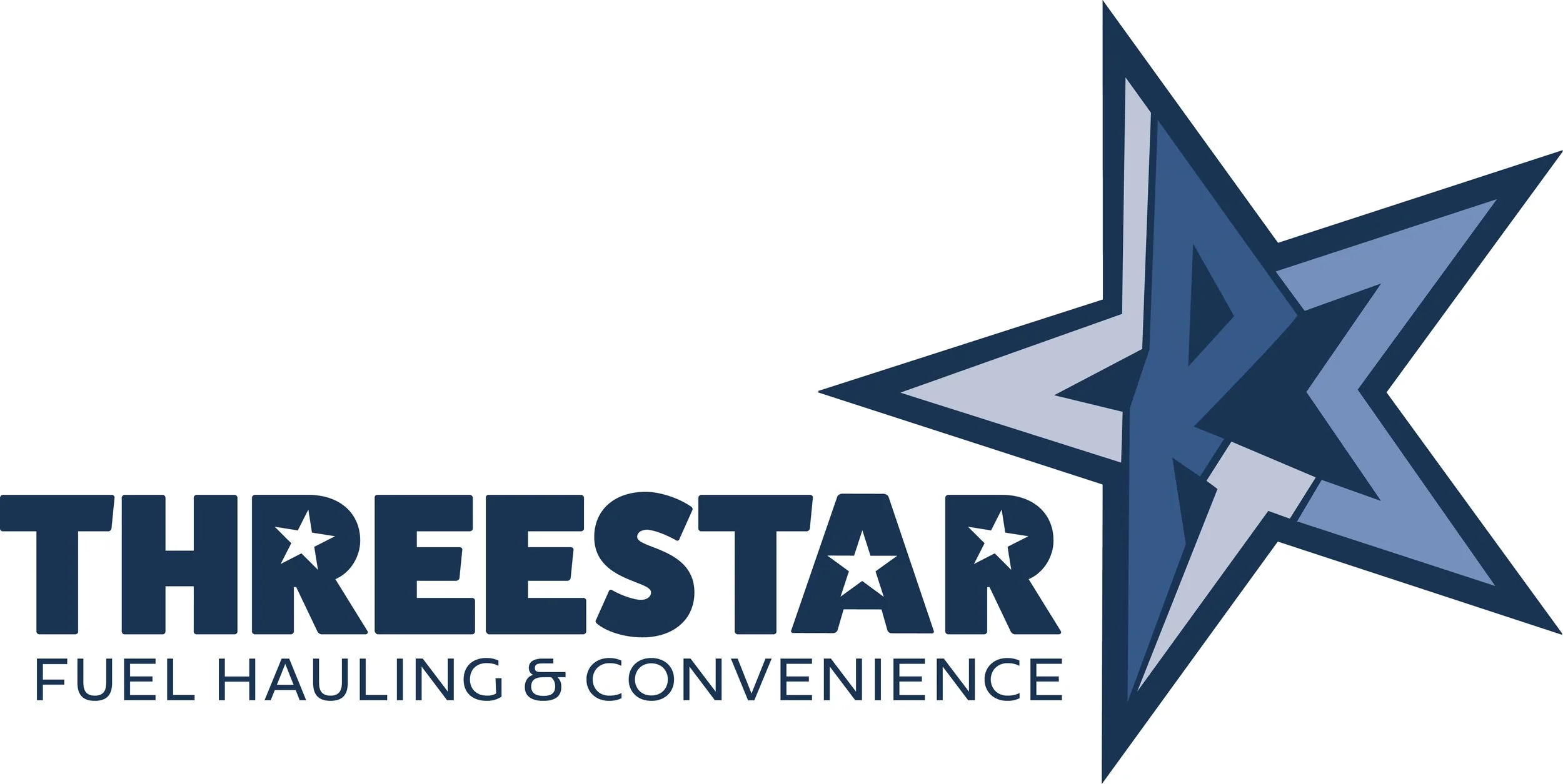 Logo for Threestar Fuel Hauling & Convenience featuring a stylized blue star with the company name and tagline.