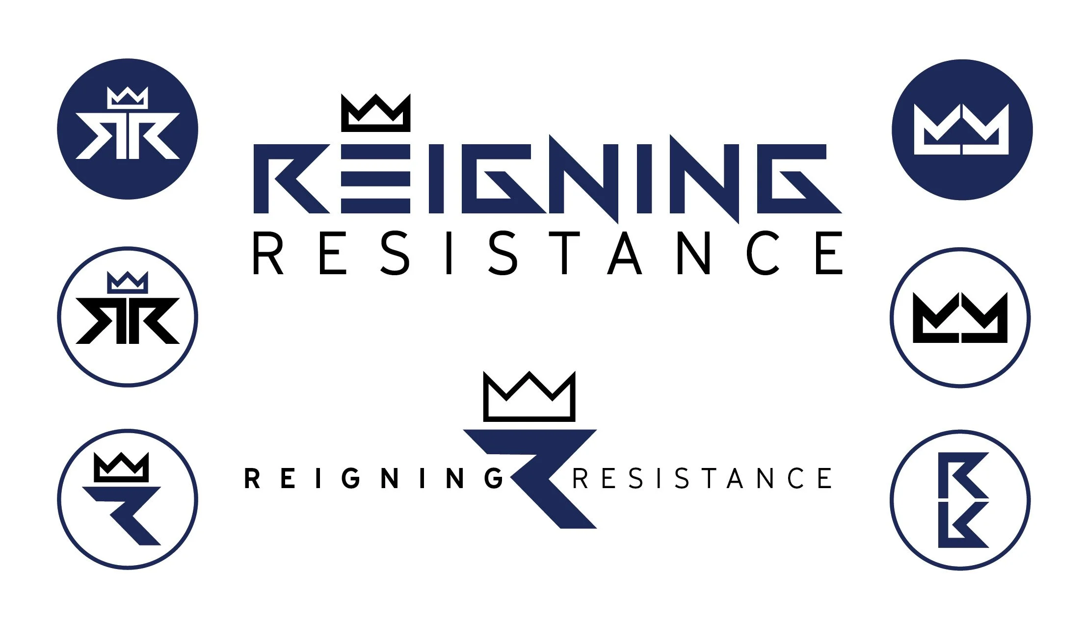 The image features the words "Reigning Resistance" with a stylized crown logo above the letter "R." Surrounding the text are eight circular logos, each containing a crown symbol and various arrangements of the initials "RR" in different styles, all in navy blue, black, and white colors.