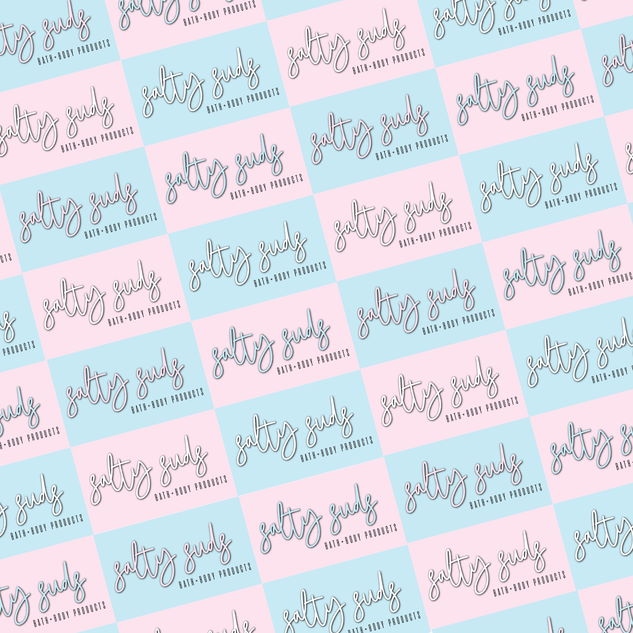 Pattern with pink and blue blocks featuring the text 'Salty Suds' and 'Bath & Body Products' in decorative script.