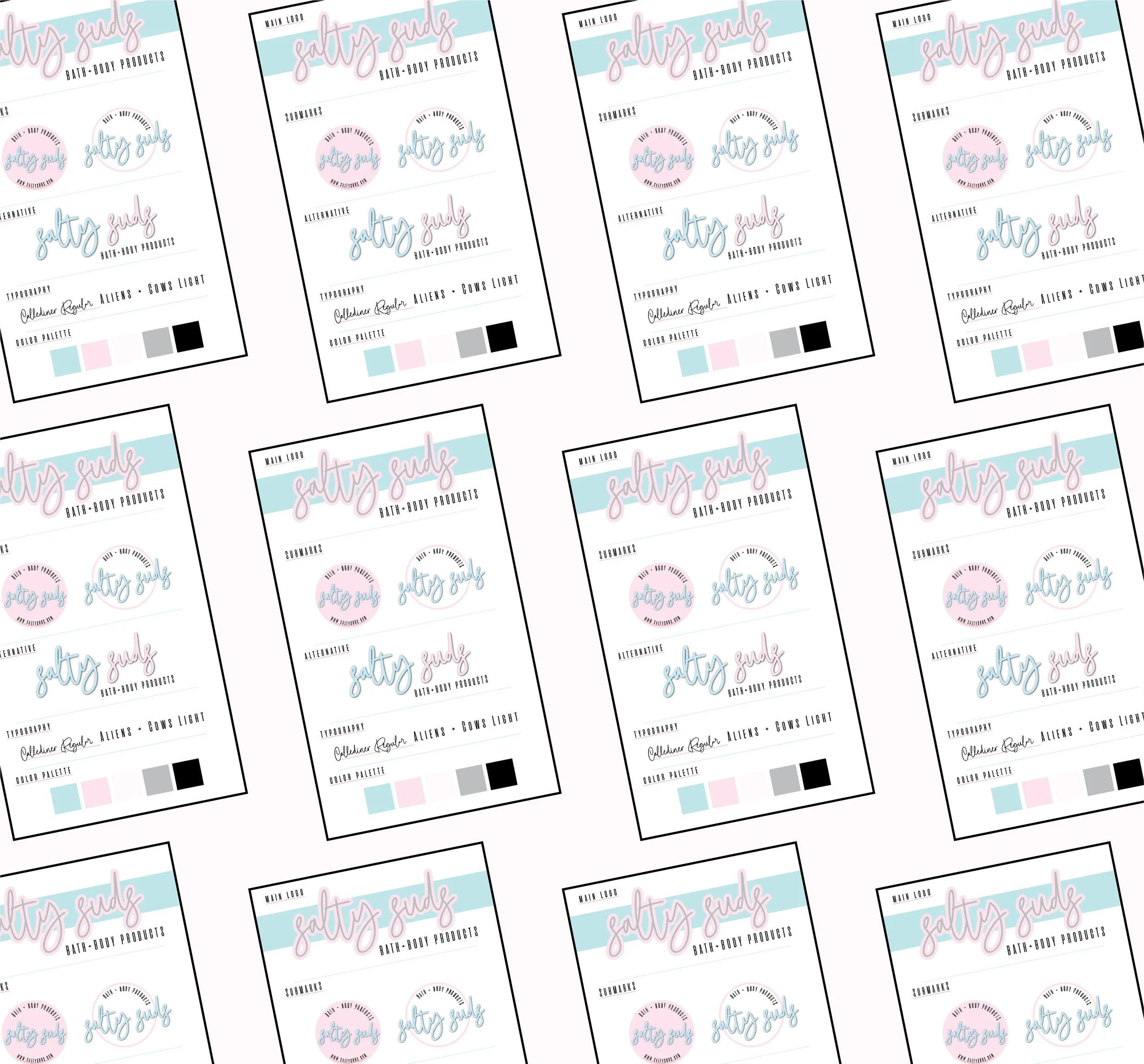 A pattern of repeated product labels for salty girl bath and body products, featuring pastel colors of pink, blue, gray, and black, with a pink and blue logo and handwritten style text.