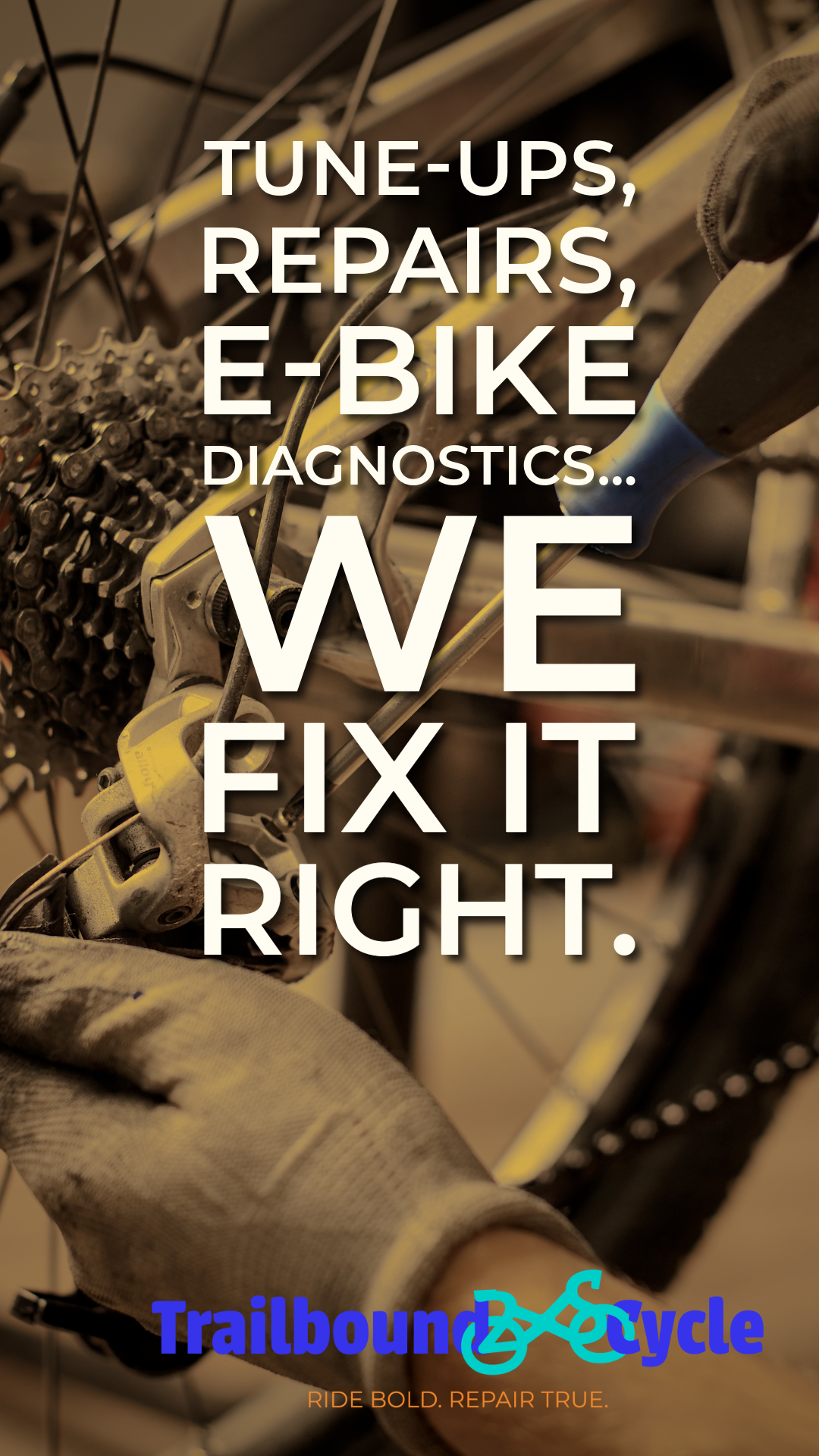 A mechanic repairing an e-bike in a workshop with overlaid text promoting bike tuning, repairs, diagnostics, and fixing services.