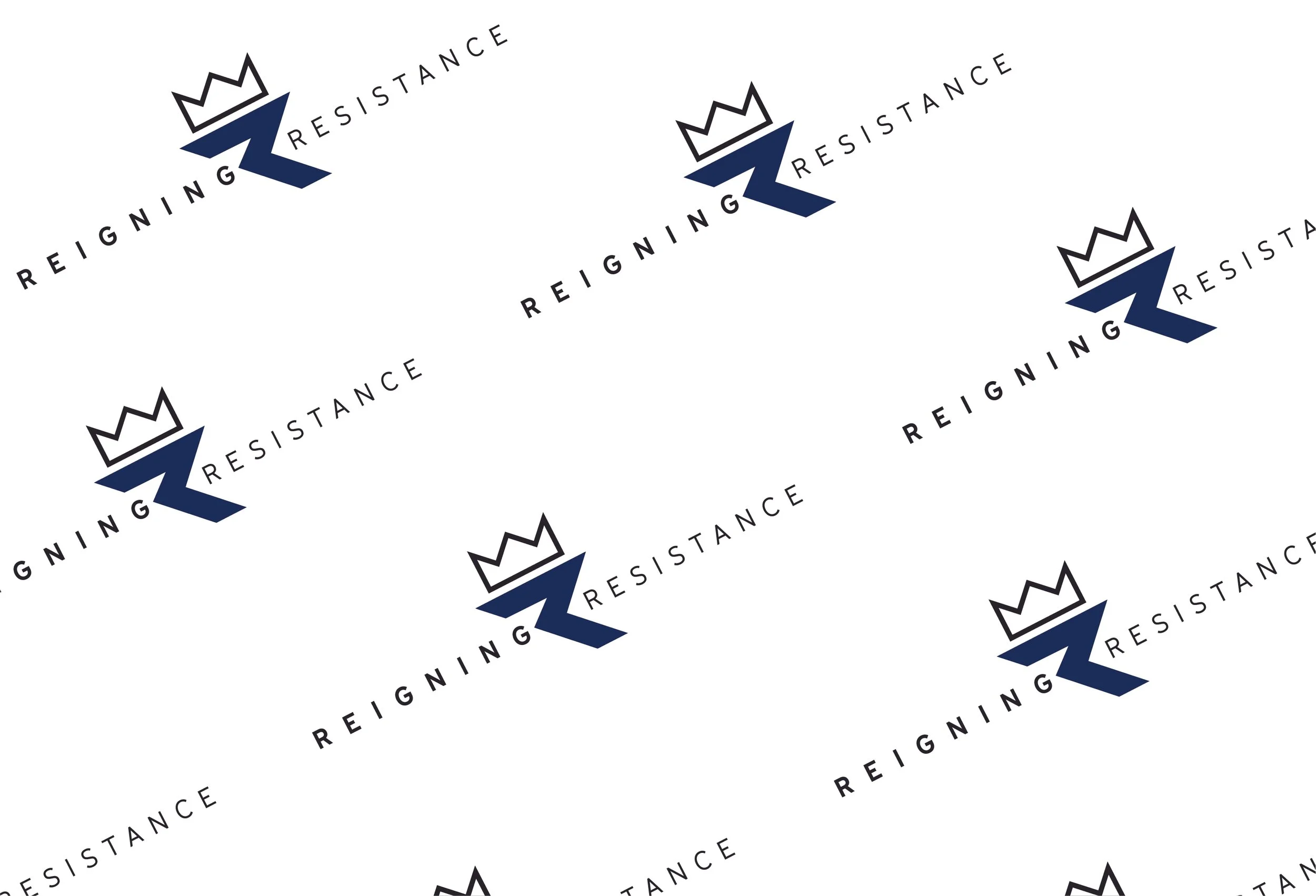 Repeating logo pattern with a black crown, a blue zigzag, and the words "Reigning Resistance" in black text.