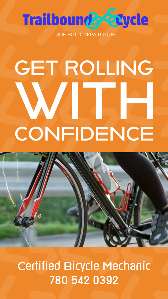 Promotional flyer for Trailbound Cycle featuring an orange background with a pattern, a blue logo with a bicycle, and text promoting confidence in riding, with a partial image of a person riding a black and red bicycle and contact information at the bottom.