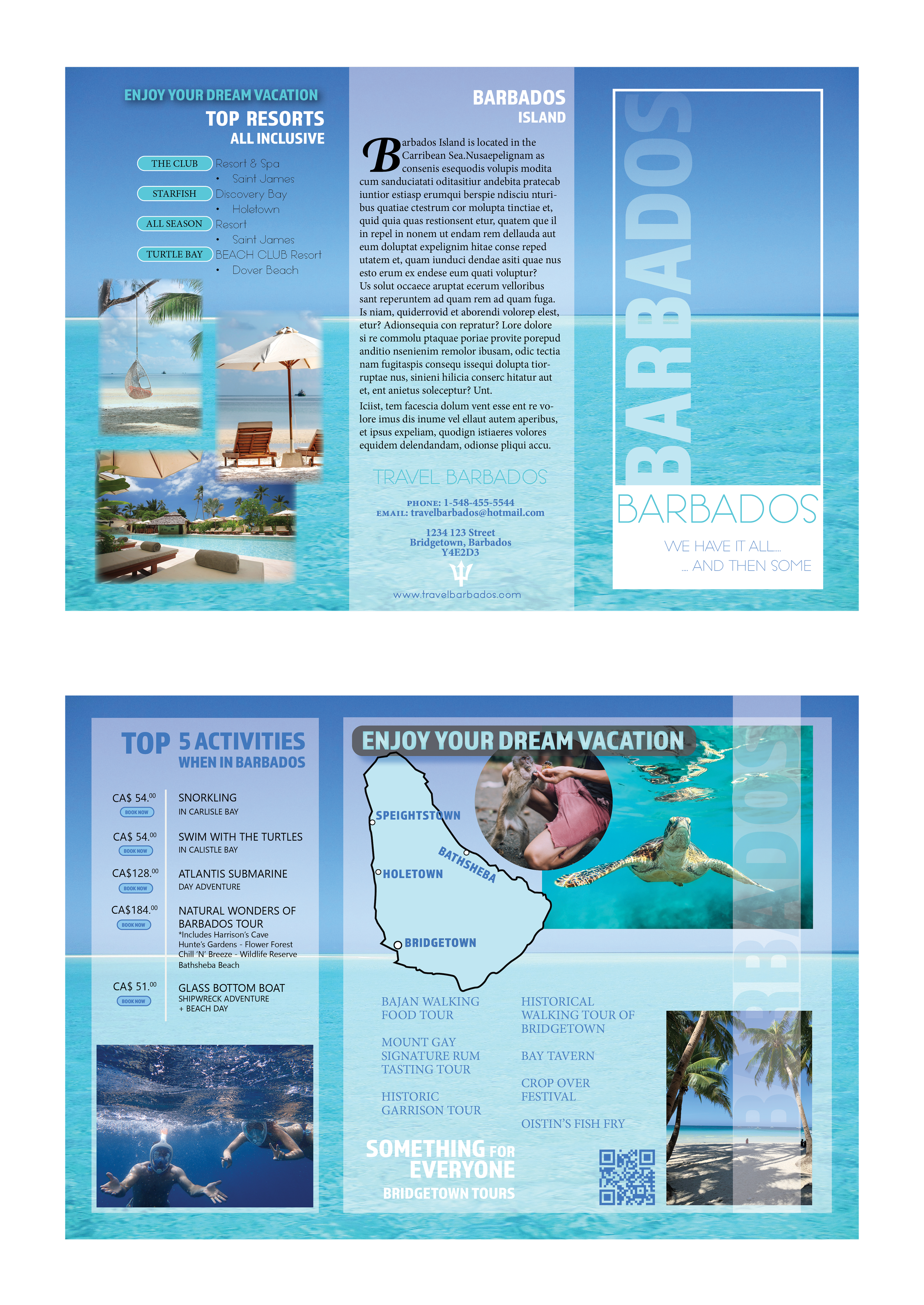 Tourist brochure for Barbados featuring beach scenes, activities, and travel information.