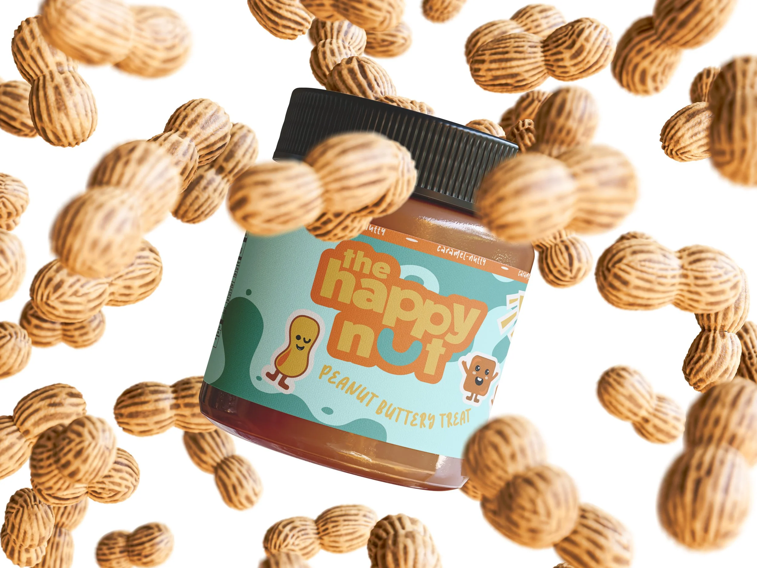 A jar of peanut butter surrounded by scattered peanuts.