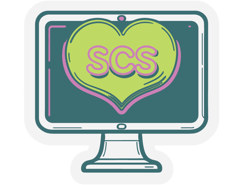 Computer monitor displaying a heart with the letters 'SCS' inside it.