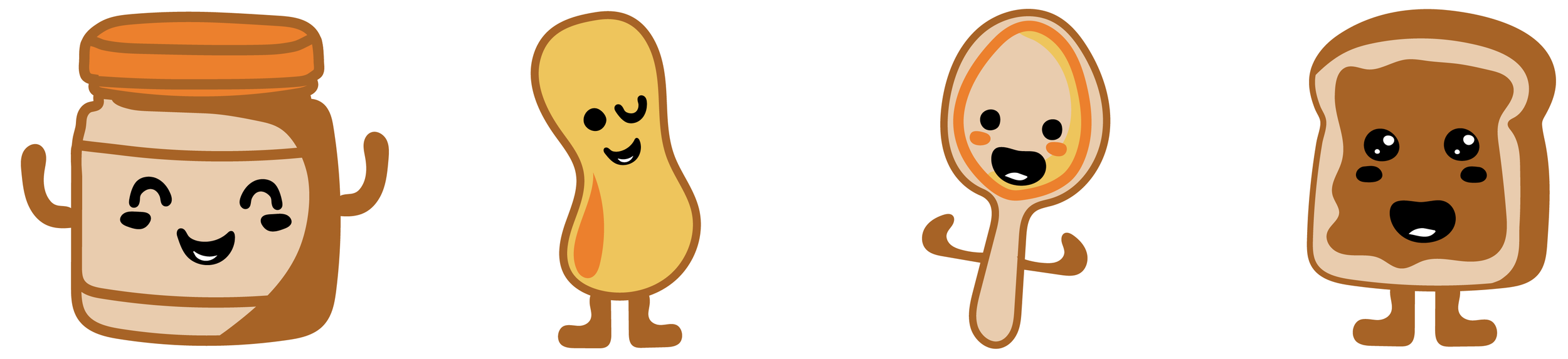 Cute cartoon characters of peanut butter jar, peanut, spoon with peanut butter, and slice of bread with peanut butter, all smiling.
