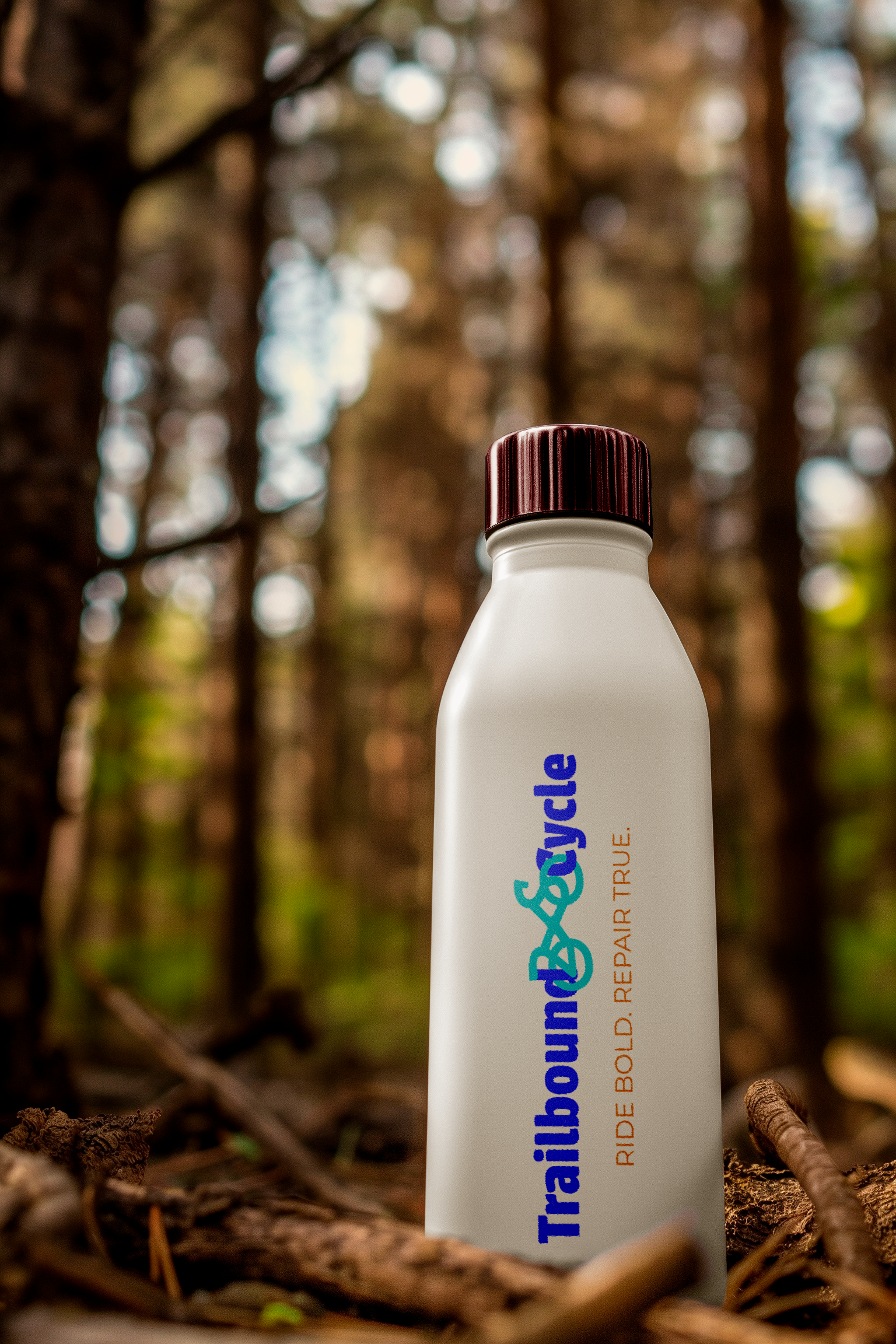 A white bottle with a maroon cap outdoors among brown fallen leaves and twigs with a blurred background of tree trunks and foliage.
