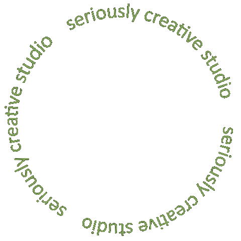 Circular logo with green text reading "seriously creative studio" repeated around the perimeter on a black background.