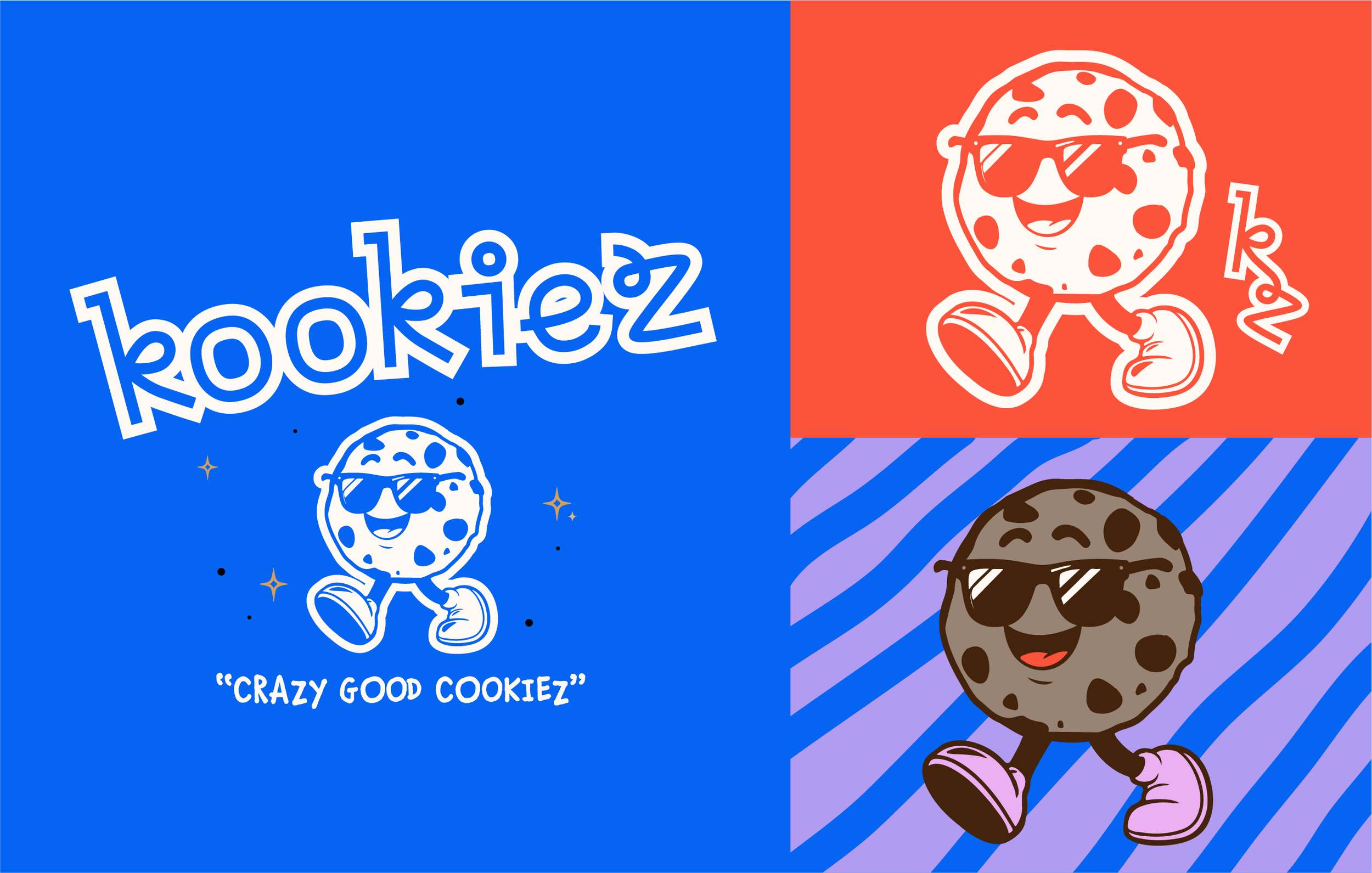 Colorful packaging for cookies with cartoon cookie characters wearing sunglasses, smiling, and dressed in sneakers, with the text 'cookiez' and slogan 'crazy good cookiez' on the box.