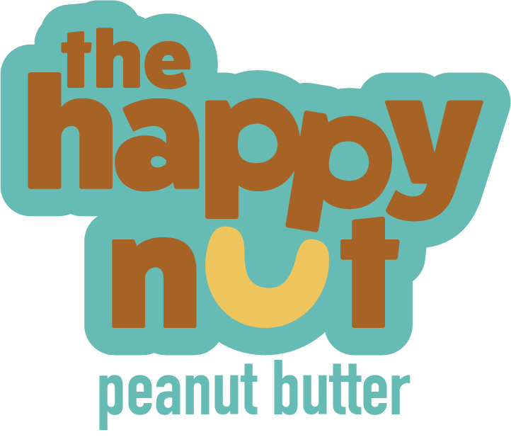 Logo with text that reads 'the happy nut' in large brown and yellow letters, and 'peanut butter' in smaller blue letters, with a light blue background.