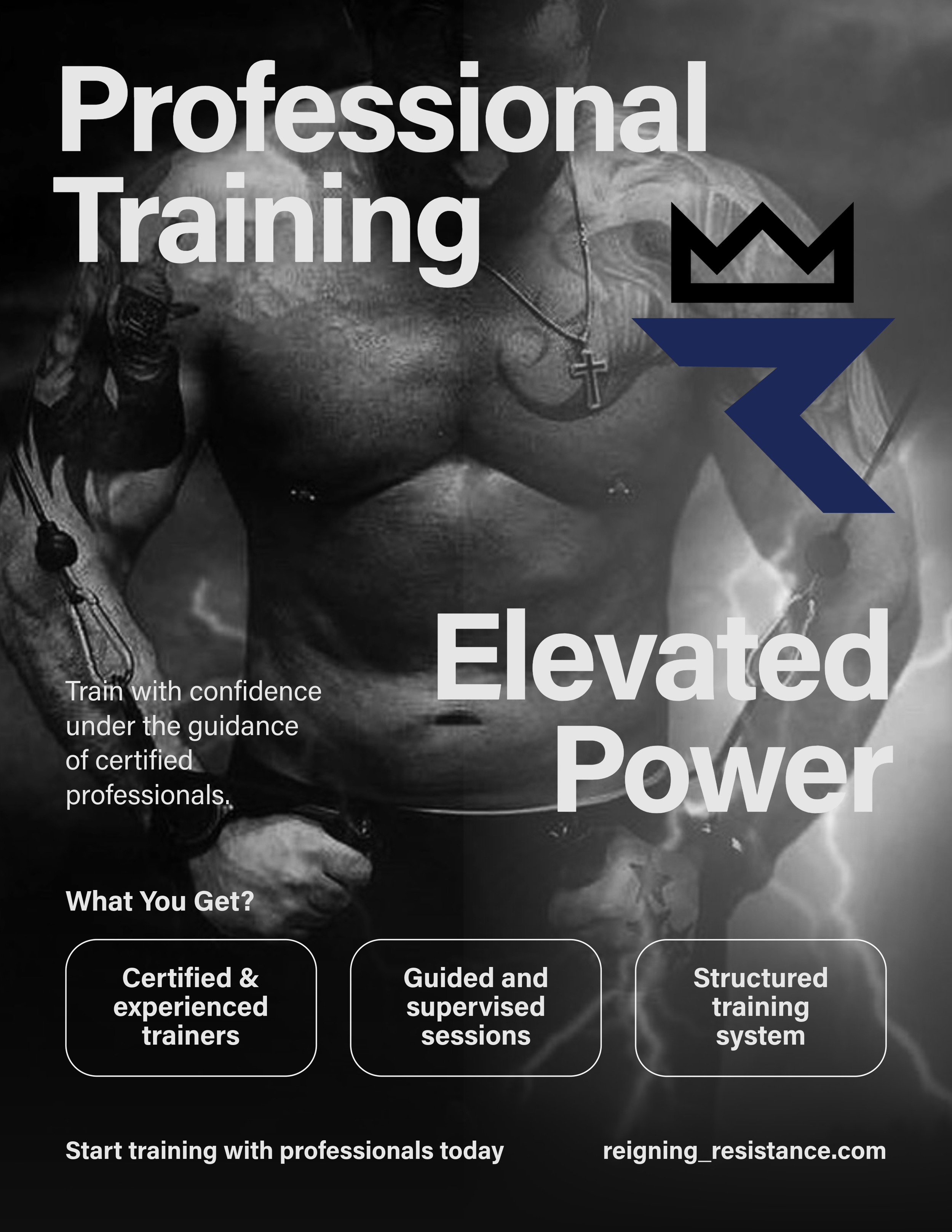 Black and white image of a muscular man with tattoos and a cross necklace, with bold text overlay that reads "Professional Training", "Elevated Power", and "What You Get?" The text highlights features such as certified trainers, guided sessions, and a structured training system. Additional text at the bottom encourages starting training today with professionals.
