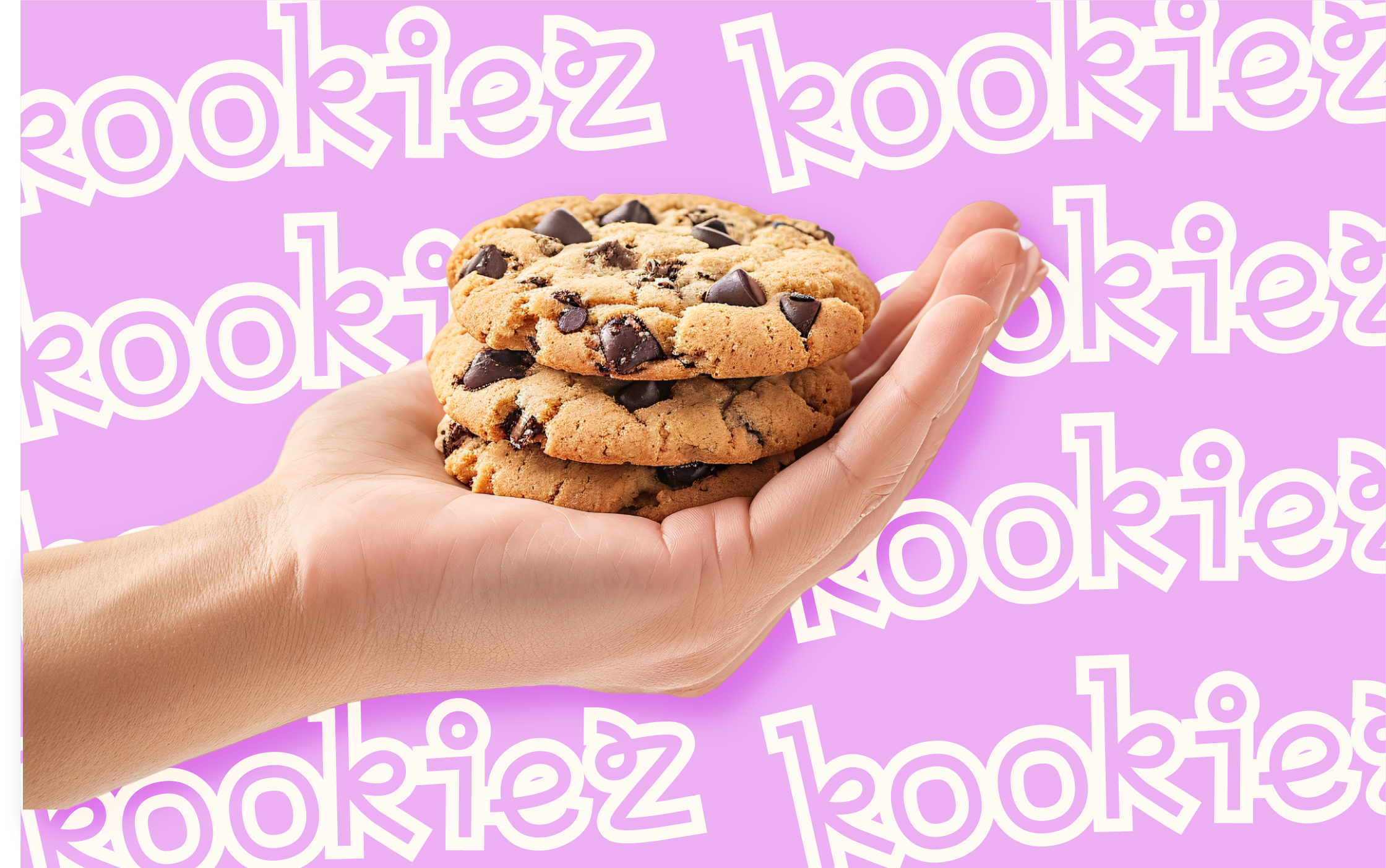 A hand holding three large chocolate chip cookies stacked on top of each other, with a purple background featuring white, overlapping text that says 'ookies'.