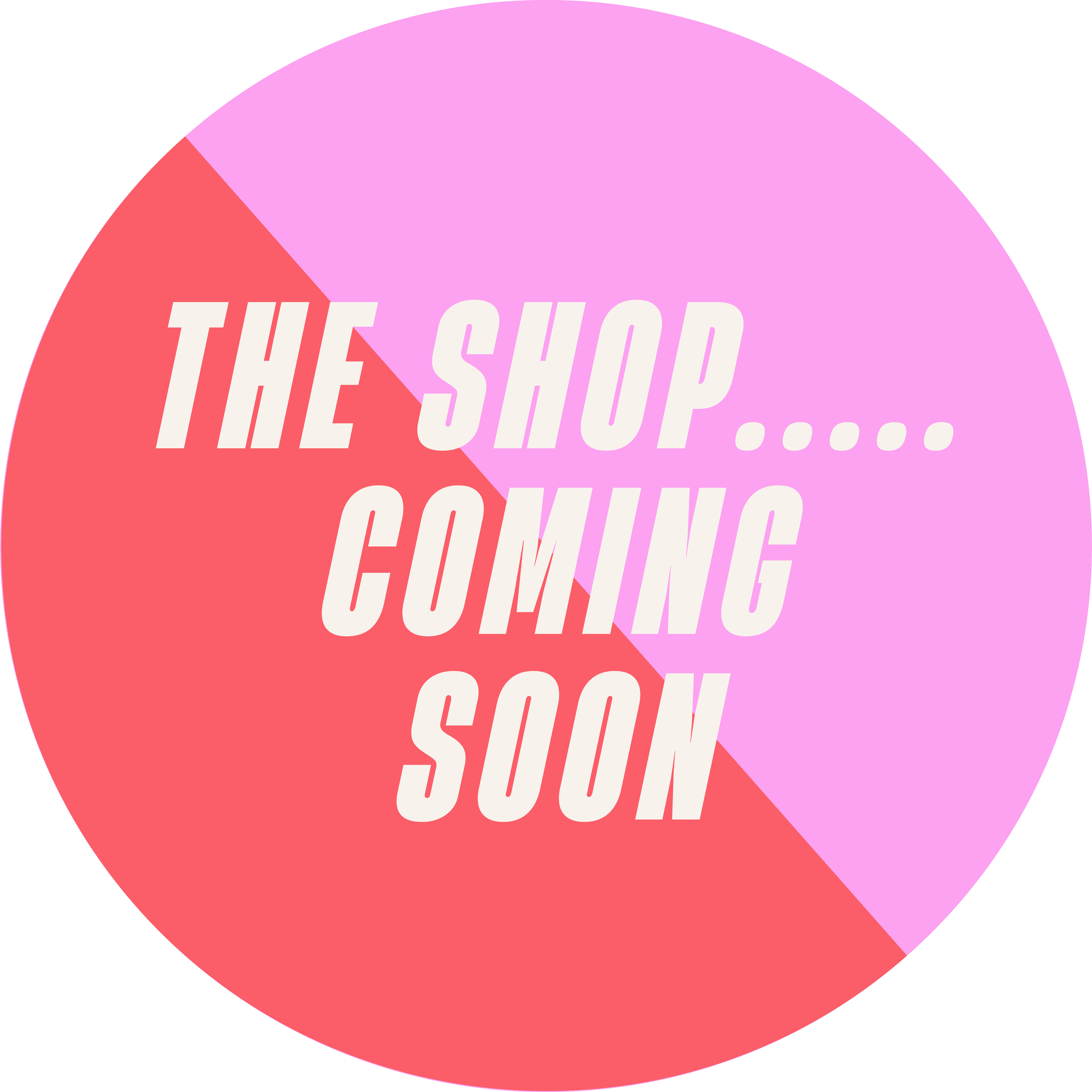 Close-up of a circular sign with bold, white text on a pink and red background reading 'THE SHOP...'