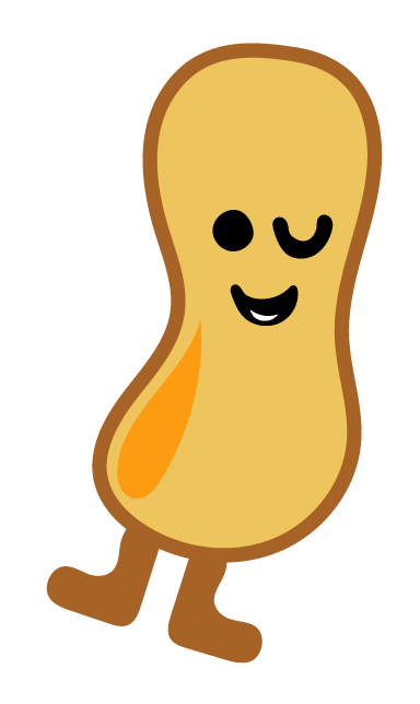 A cartoon peanut with a happy face, one eye closed, and a wide smile, standing on legs.