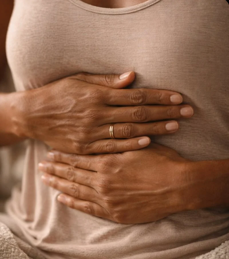 A woman rests both hands gently on her stomach over a soft beige top, tuning in to her body and wondering, do you need to have experienced trauma to explore somatic work?