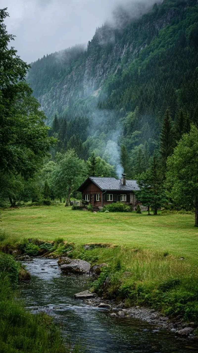 A cozy wooden cabin with smoke rising from the chimney sits in a green meadow by a forest stream, a quiet escape from holiday stress and your nervous system.