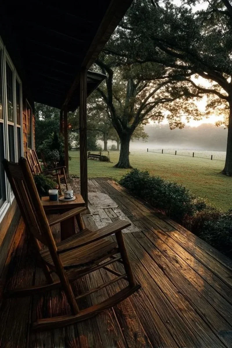 Empty wooden rocking chairs on a quiet porch overlooking a misty field at sunrise, a calm place to pause when asking why am I so irritable and snapping at everyone