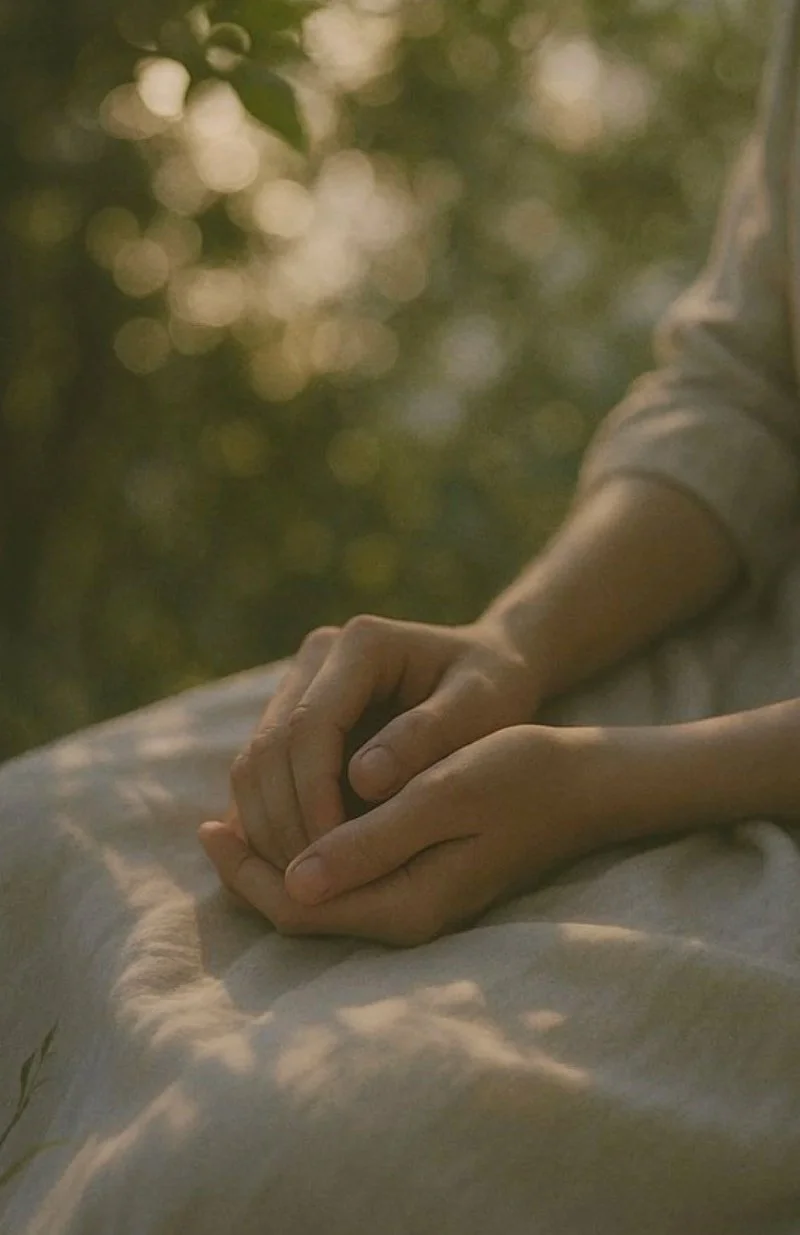 Woman's hands gently resting together in her lap in soft, dappled sunlight, a quiet pause for anyone asking why am I so irritable and snapping at everyone