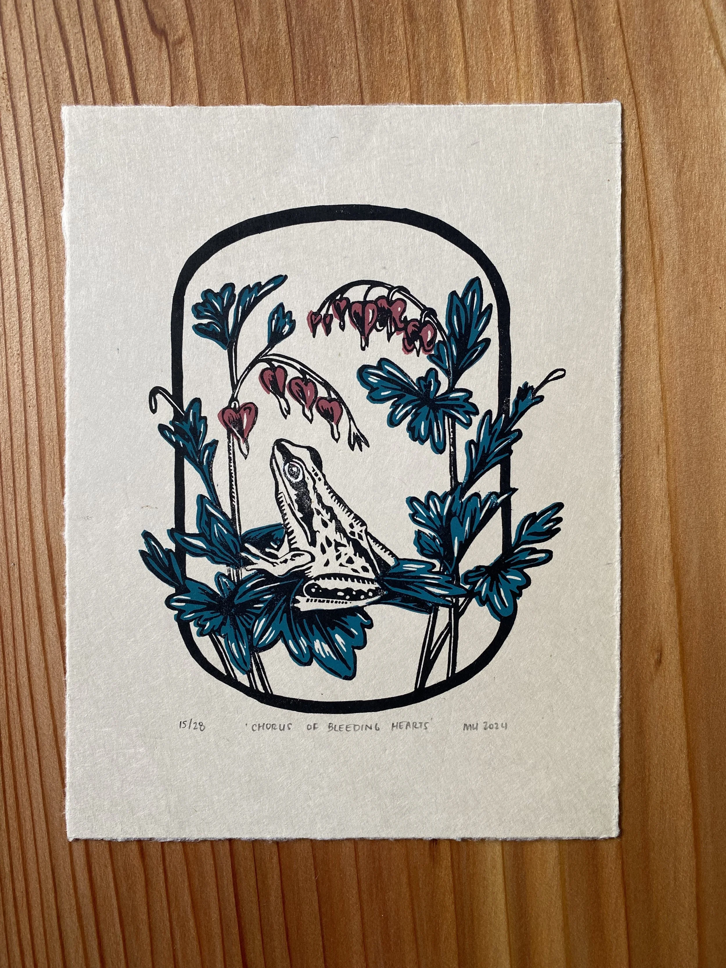 "Chorus of Bleeding Hearts" linocut print
