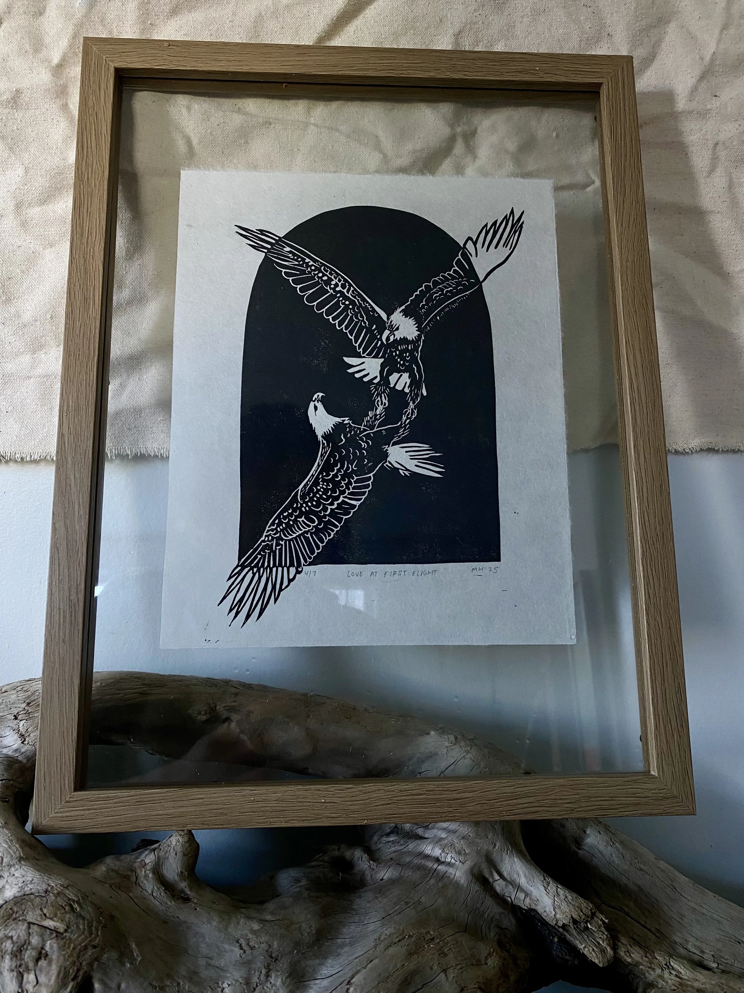 "Love at First Flight" linocut print