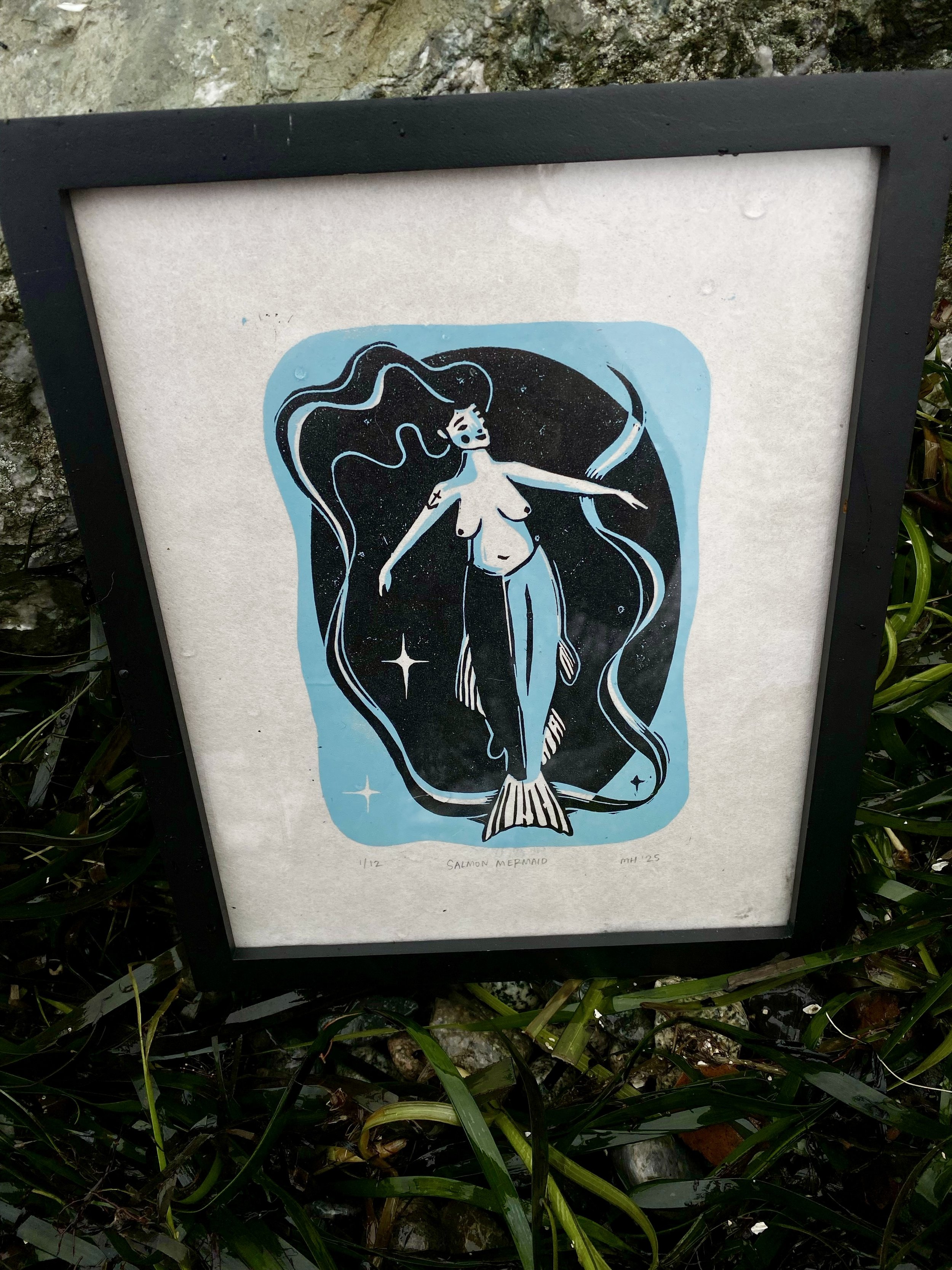 "Salmon Mermaid" linocut print