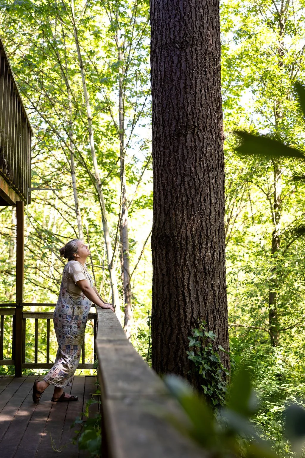 A woman leaning on a wooden railing on a deck, gazing up at a large tree in a forested area with sunlight filtering through the leaves.