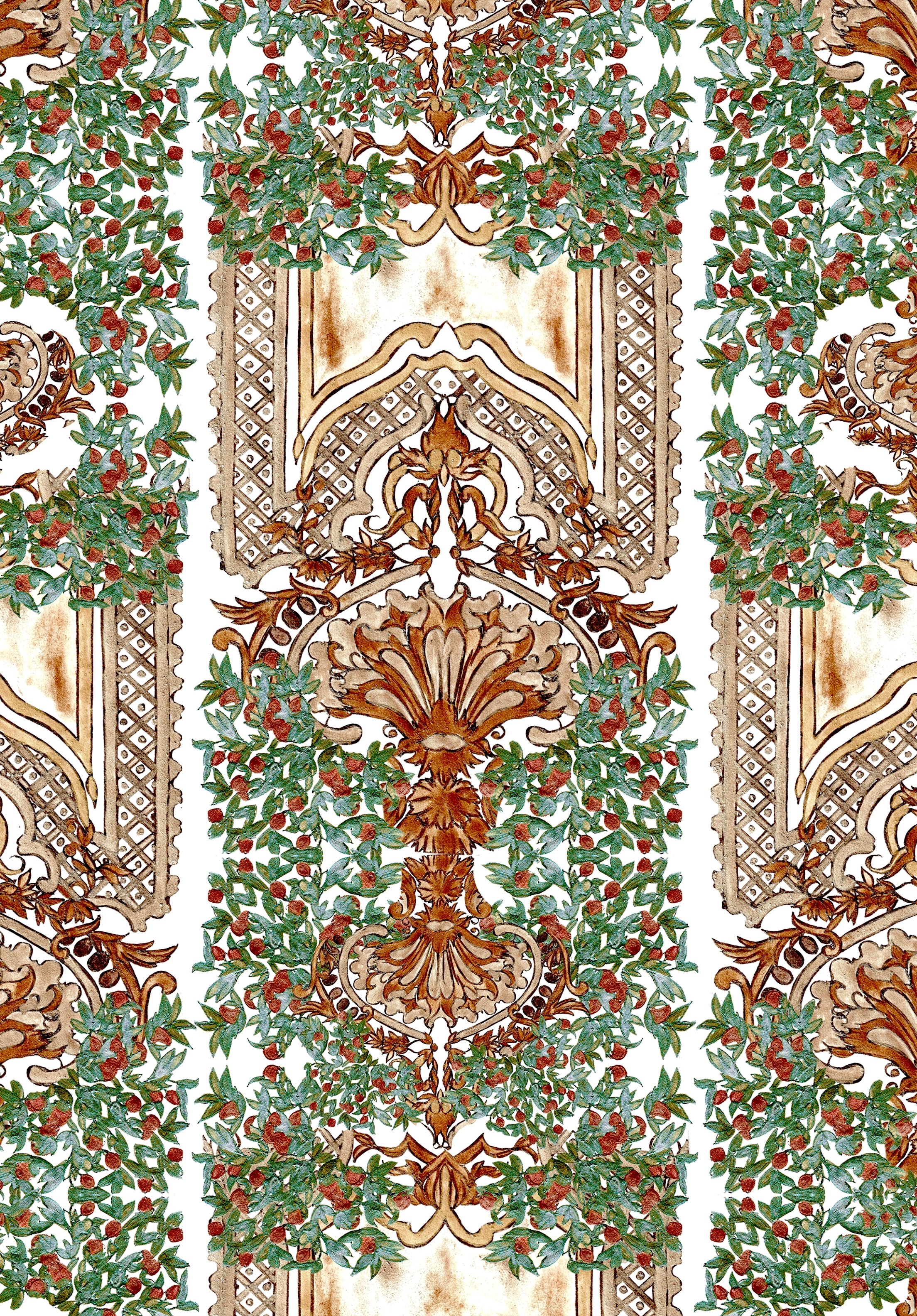 Classical French trellis pattern with gold calligraphy, sage green leaves, and delicate buds on a light white background. Perfect for elegant and moody fine art décor.