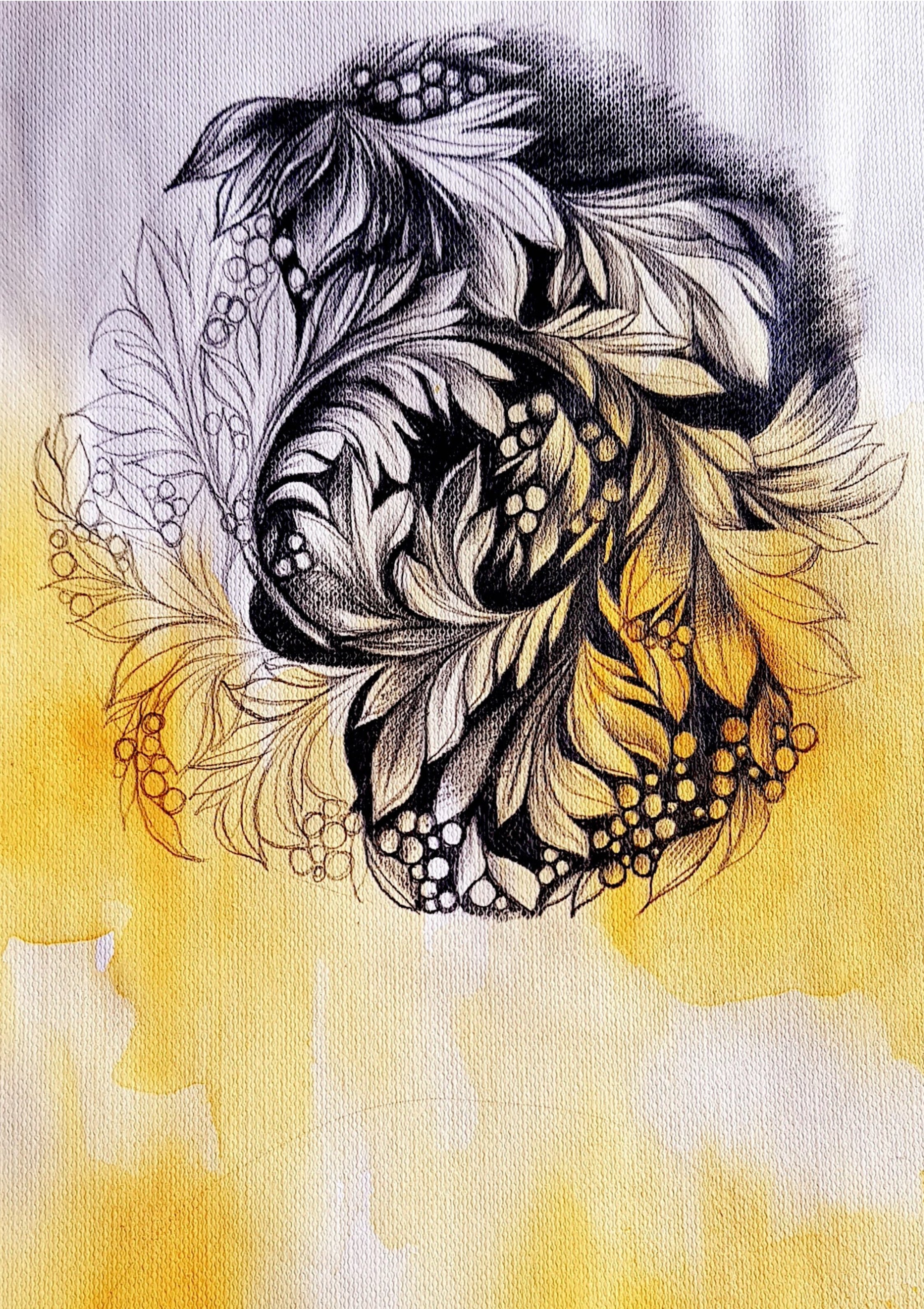 Rococo Inspired Pencil Medallion on Rich Canary Yellow with pencil shading