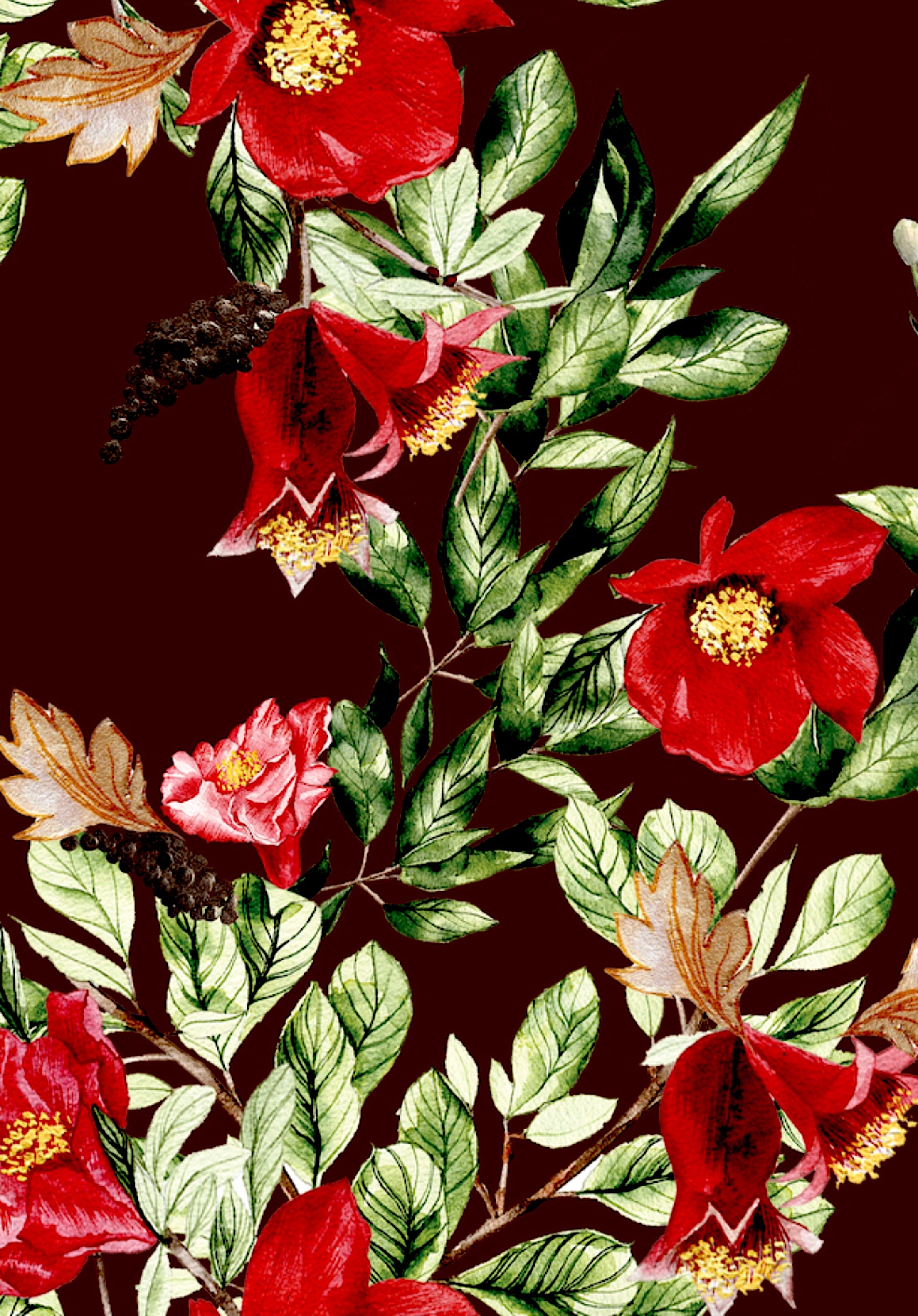 Fine art print featuring watercolour red pomegranate flowers and green leaves on a dark background.