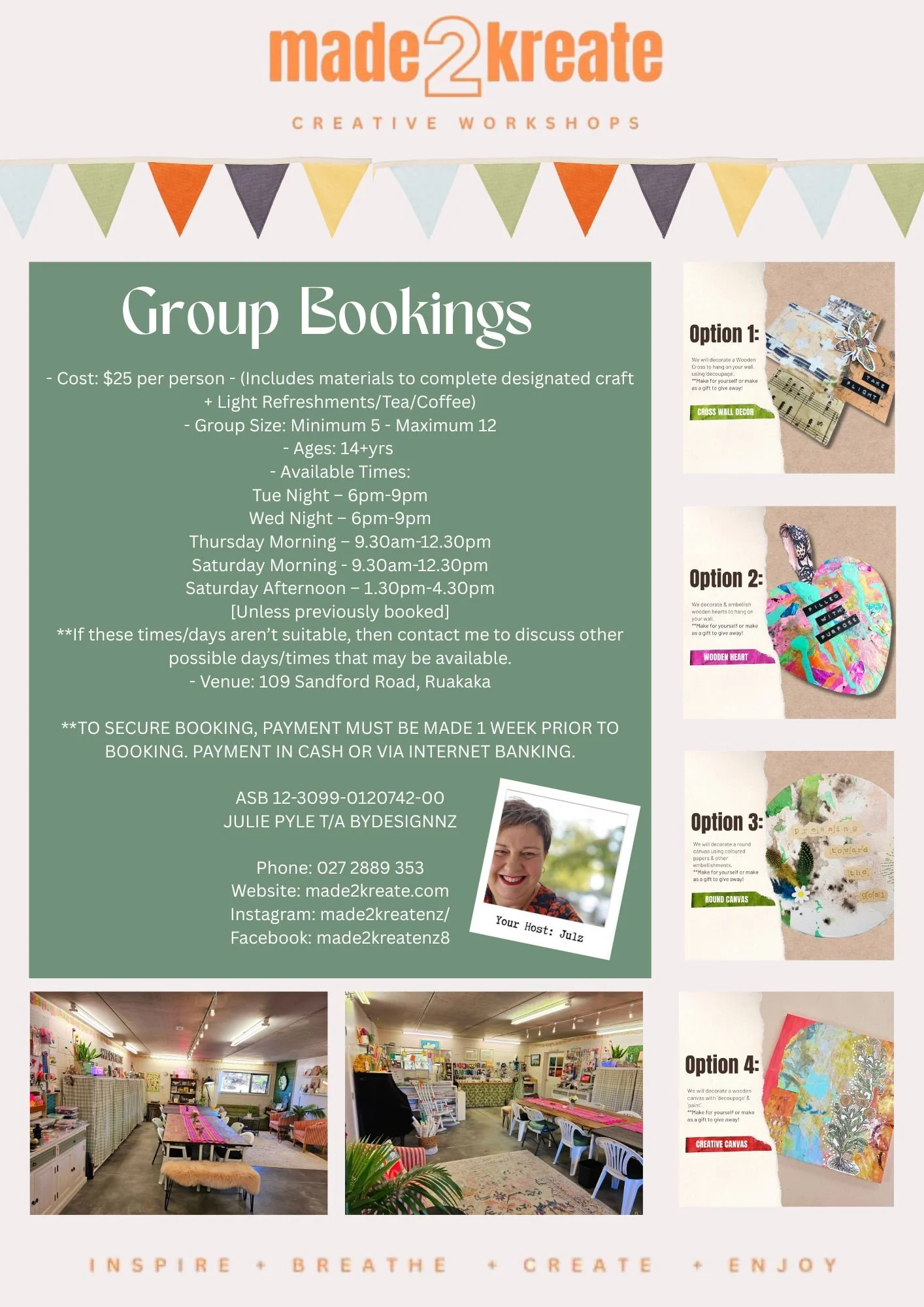 GROUP BOOKINGS - Cost $25 per person - (Includes materials to complete designated craft + Light RefreshmentsTeaCoffee) - Group Size Max 14 - Ages 14+yrs - Available Times Tue Night – 6pm-9pm Wed N.jpg