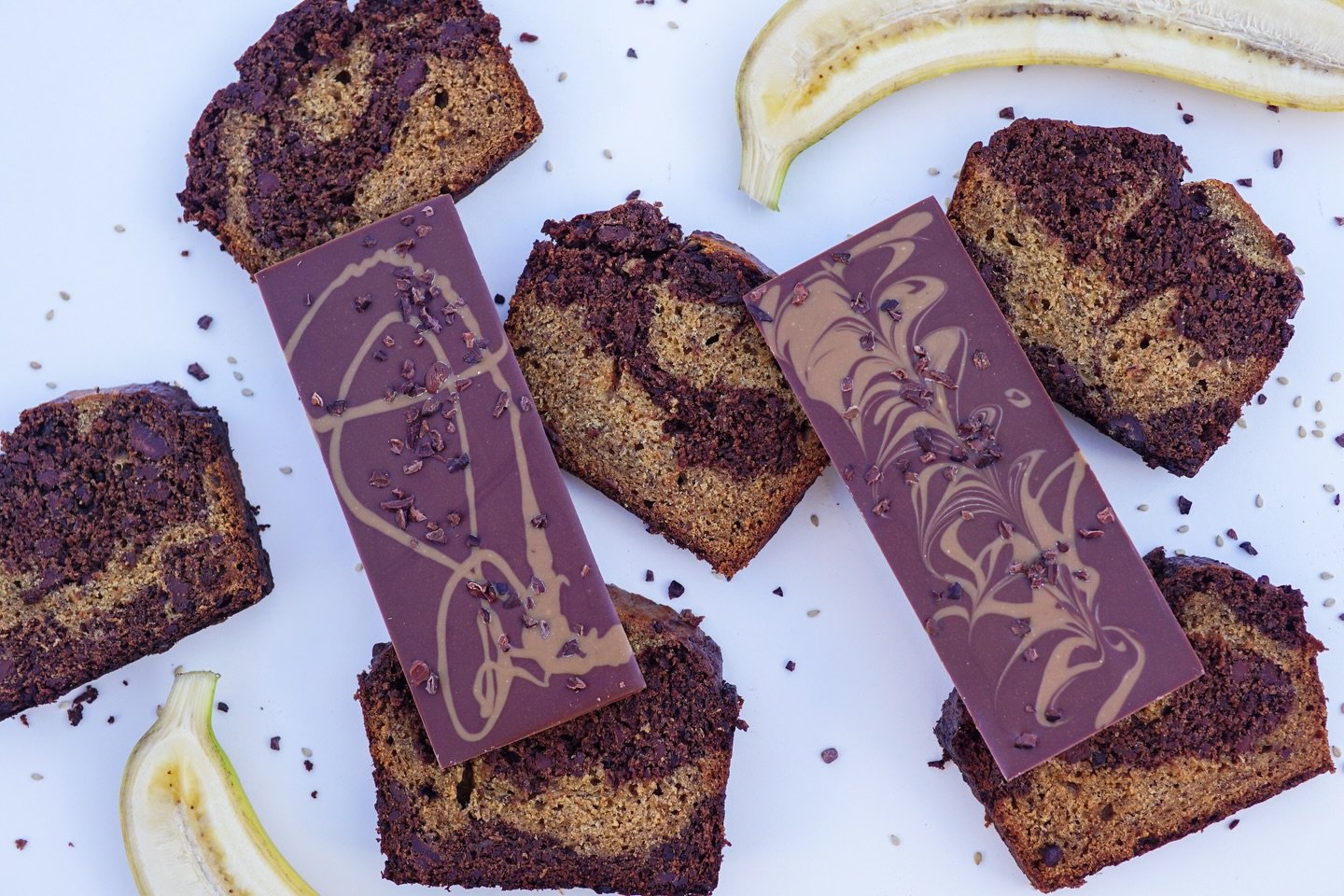This bar is an homage to a swirly chocolatey banana bread that was a big hit a couple of years ago and is back by popular demand!

It features upcycled green bananas, one of the most wasted foods, along with ripe bananas as the base. It&rsquo;s swirl