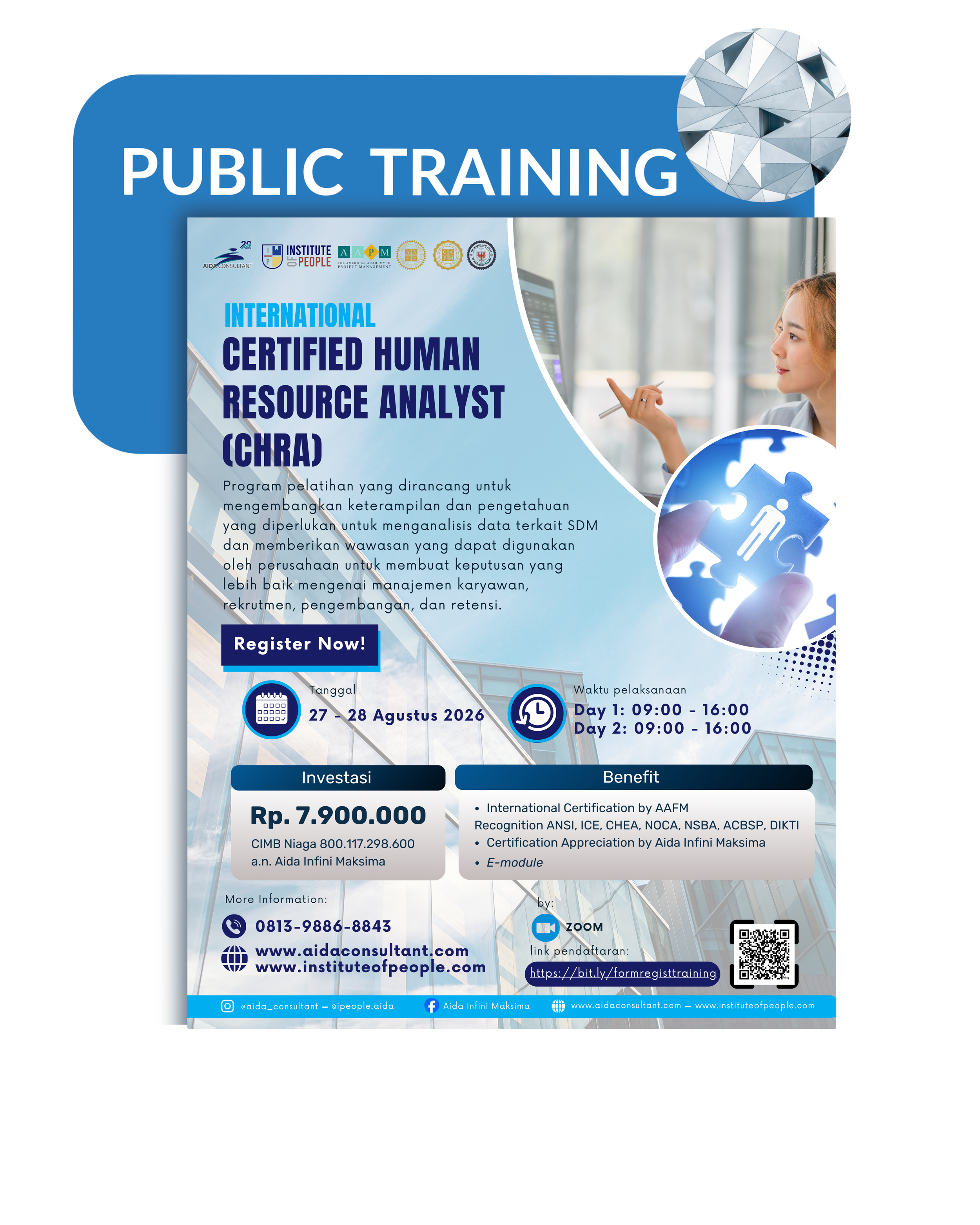 Flyer for a public training program on becoming an International Certified Human Resource Analyst (CHRA). The flyer includes training dates, times, registration information, contact details, logos of organizing institutions, and a photo of a woman working on a computer.