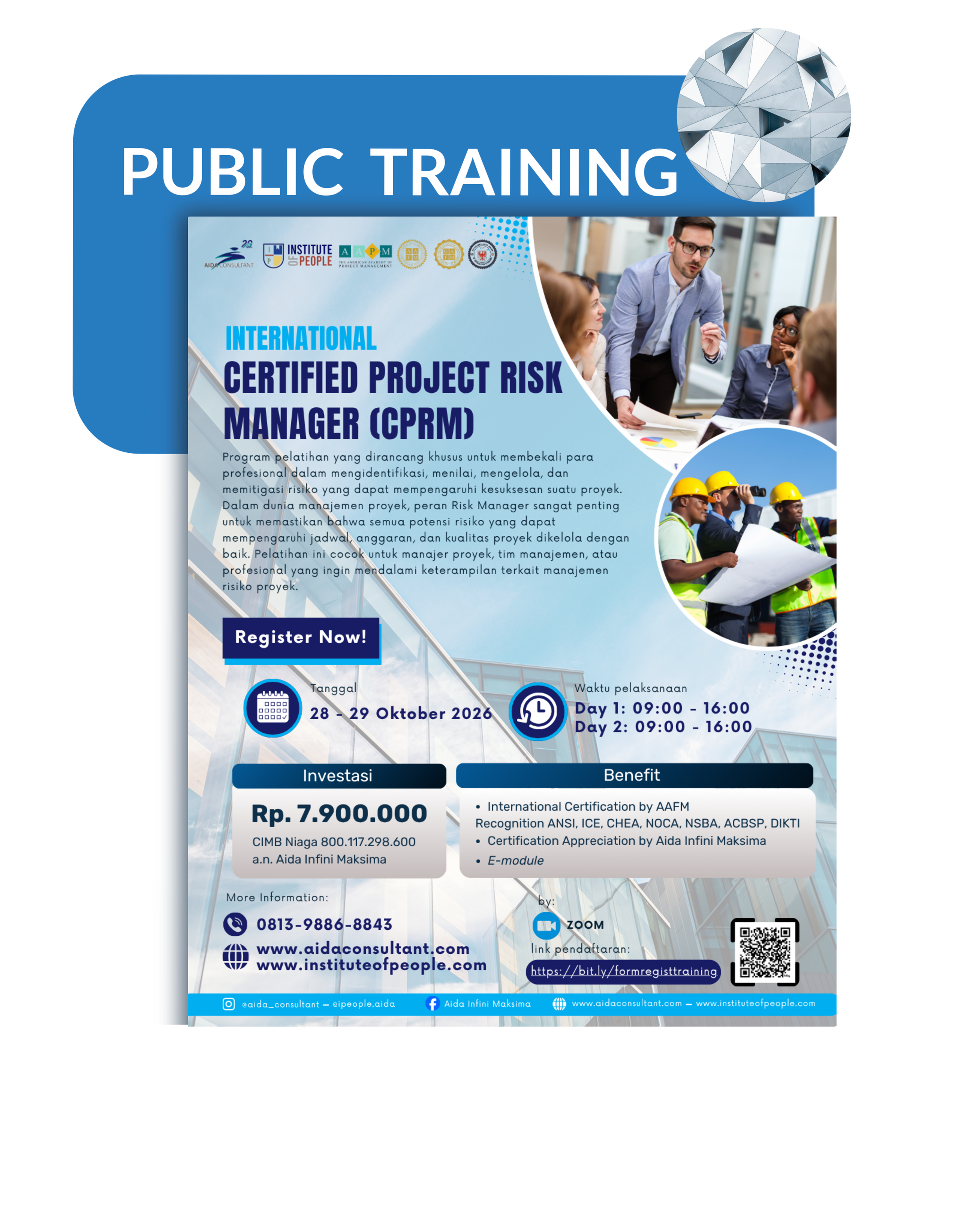 A promotional flyer for a public training course on Certified Project Risk Manager (CPRM), featuring images of people in a professional meeting and construction workers, with details about the course dates, schedule, registration link, and contact information.