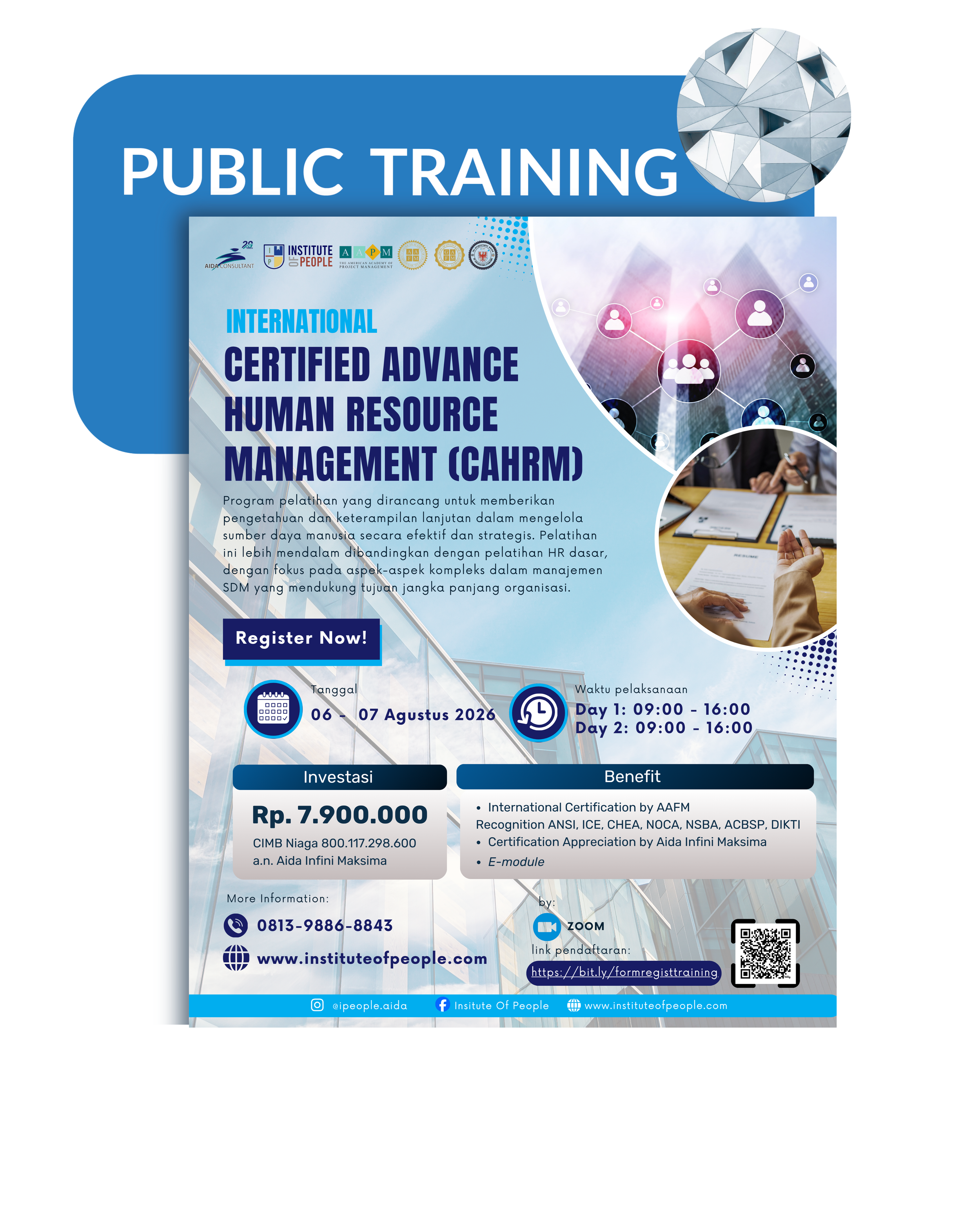 A promotional flyer for a public training on Certified Advance Human Resource Management (CAHRM). The flyer contains event dates, registration information, and details about the course, including its focus on strategic HR management and international certification. It features logos of organizations involved, images of people in a meeting, and icons representing scheduling, contact info, and online registration with QR code and URL.