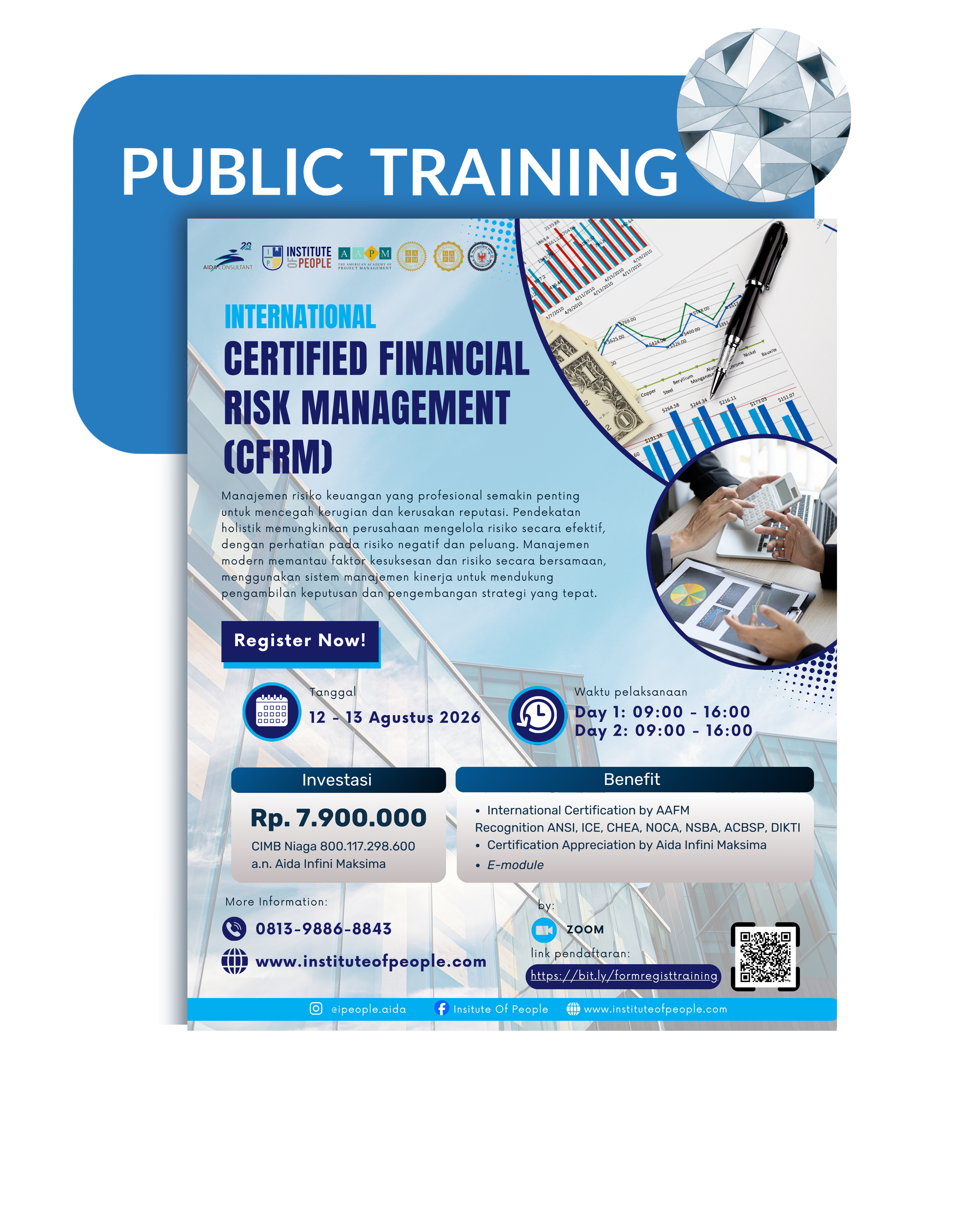 A promotional flyer for an international certified financial risk management (CFRM) training event scheduled for March 11-12, 2026, with details about registration, venue, and contact information. The flyer features graphs, financial imagery, and logos of organizing institutions.