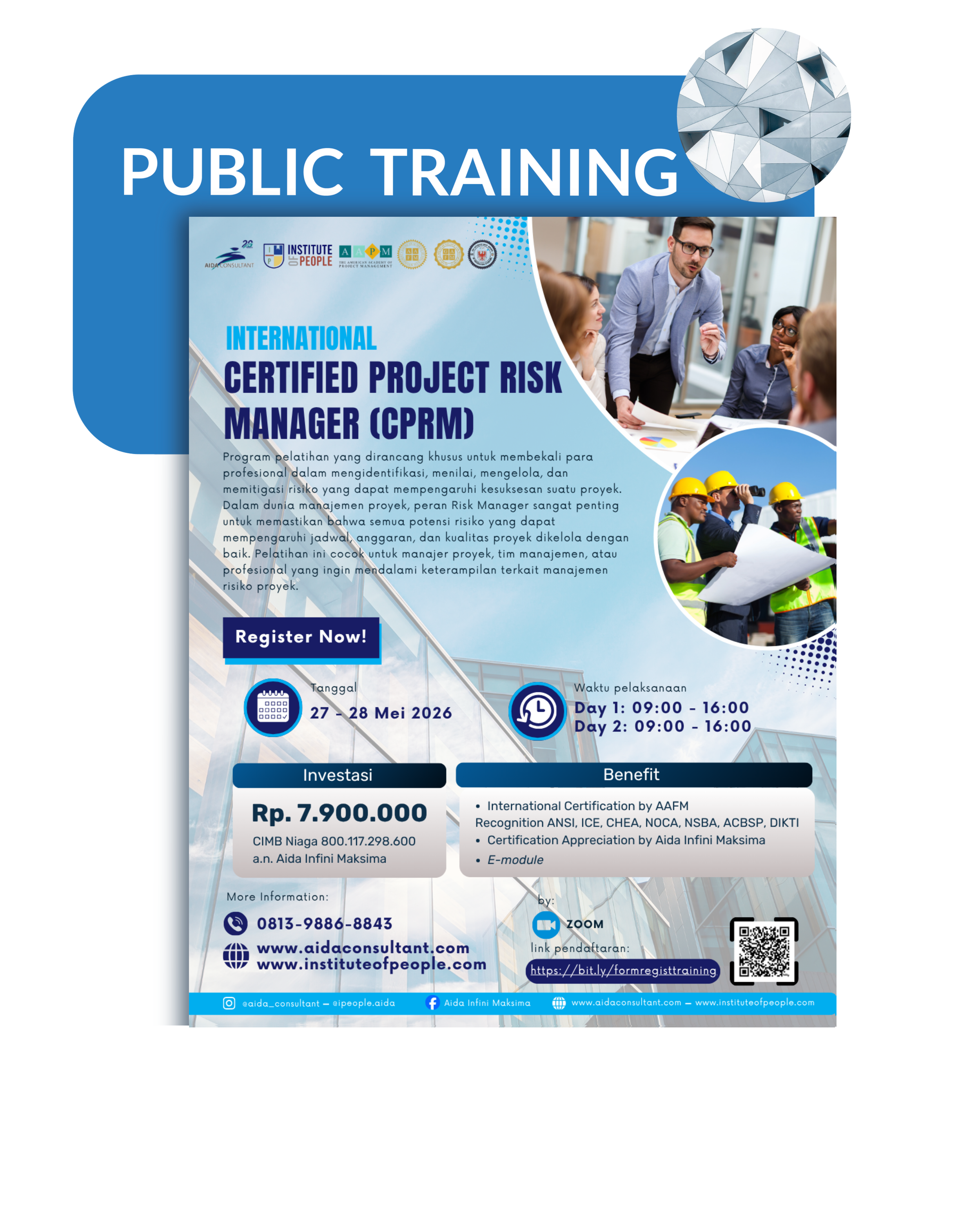 A promotional flyer for a public training course on Certified Project Risk Manager (CPRM), featuring images of people in a professional meeting and construction workers, with details about the course dates, schedule, registration link, and contact information.